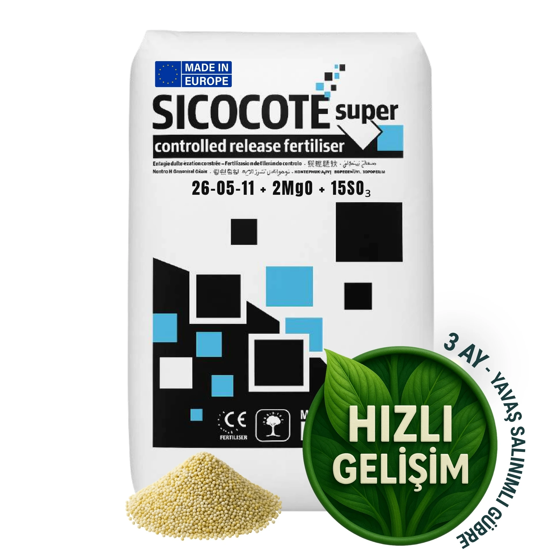 SICOCOTE NPK GÜBRE | 26-05-11 + 2MgO + 15SO₃ | 3 Ay Salınım | 25 KG