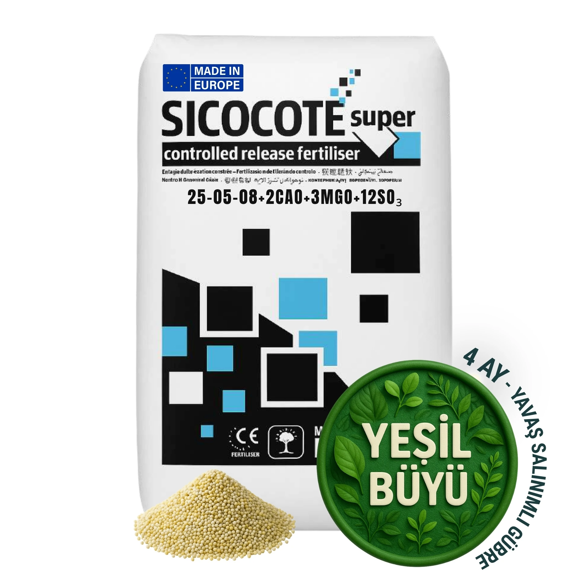 SICOCOTE NPK GÜBRE | 25-05-08 + 2CaO + 3MgO + 12SO₃ | 4 Ay Salınım | 25 KG