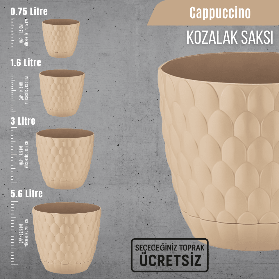 Kozalak Tabaklı Bitki Saksısı | Seçilebilir Renk, Litre ve Bitkiye Özel Ücretsiz Toprak (0.75L/1.6L/3L/5.6L) 
