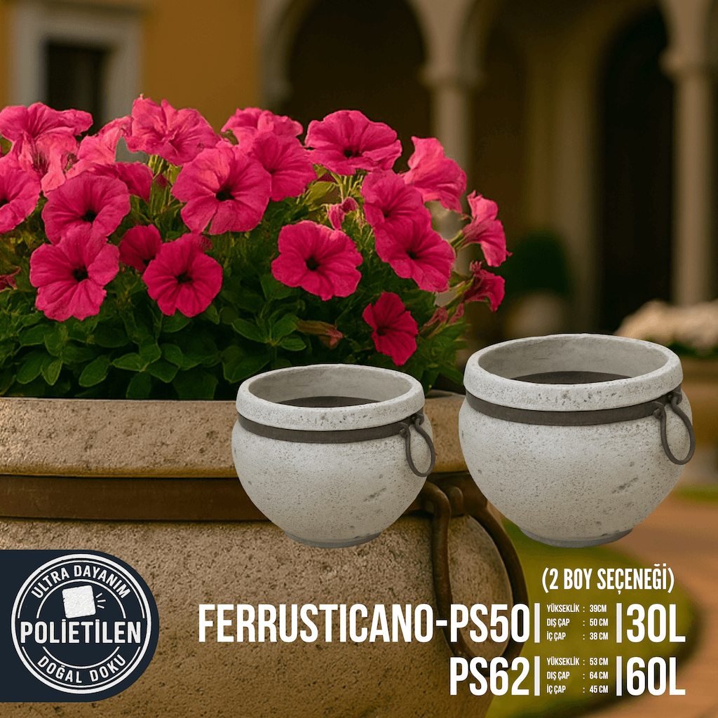 FERRUSTICANO PS50 - PS62 Doğal Taş Dokulu Rustik Saksı | 2 Boy Seçeneği (30L / 60L)