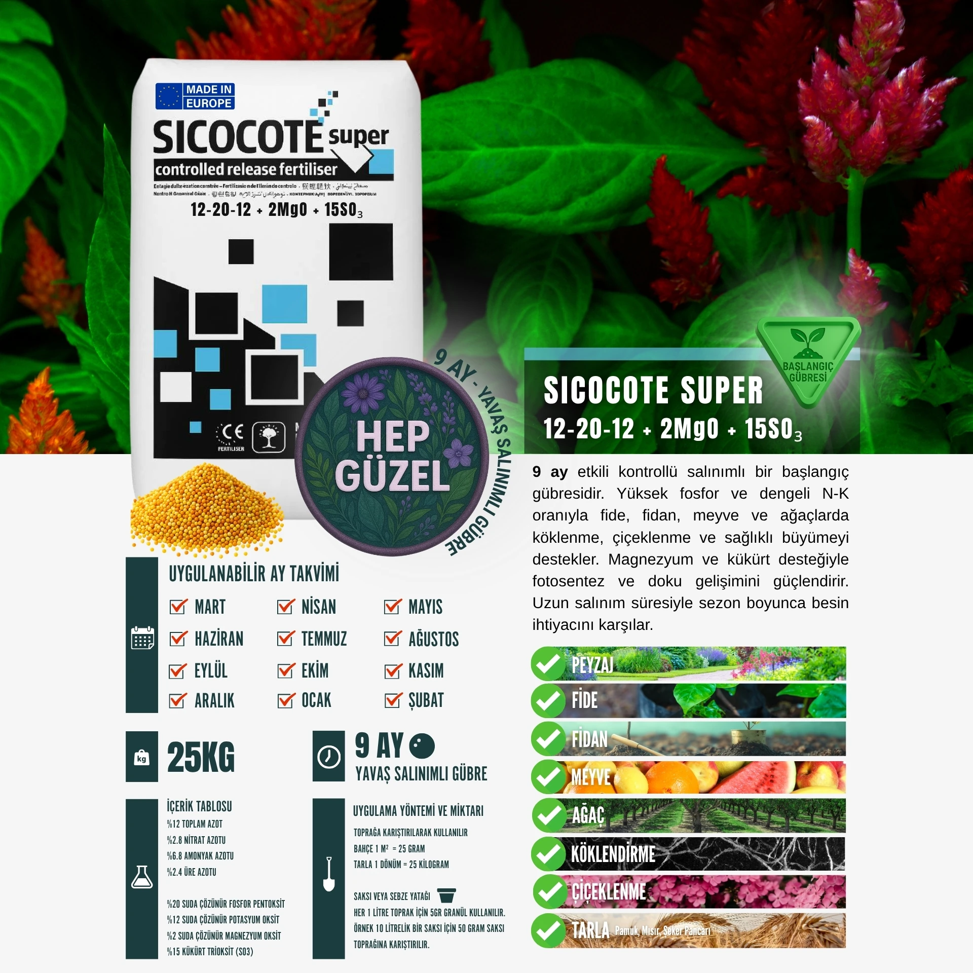 SICOCOTE NPK GÜBRE | 12-20-12 + 2MgO + 15SO₃ | 9 Ay Salınım | 25 KG