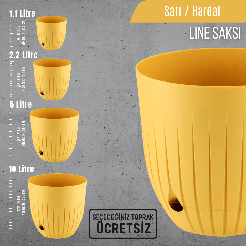 Line Tabaklı Bitki Saksısı | Seçilebilir Renk, Litre ve Bitki Türüne Özel Ücretsiz Toprak (1.1L/2.2L/5L/10L) 