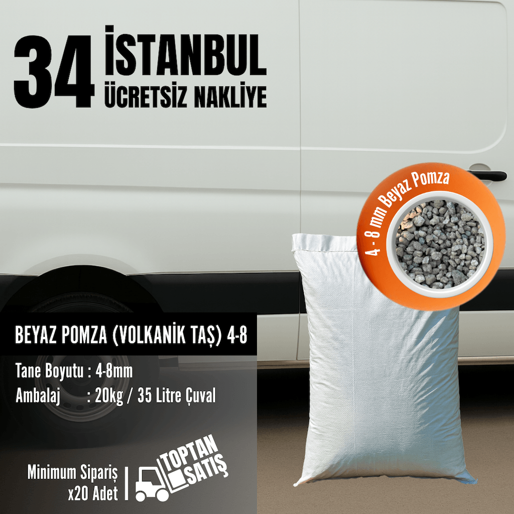 4–8 mm Beyaz Pomza (Volkanik Taş) | 35 Litre (20 kg) – İstanbul Nakliye Dahil