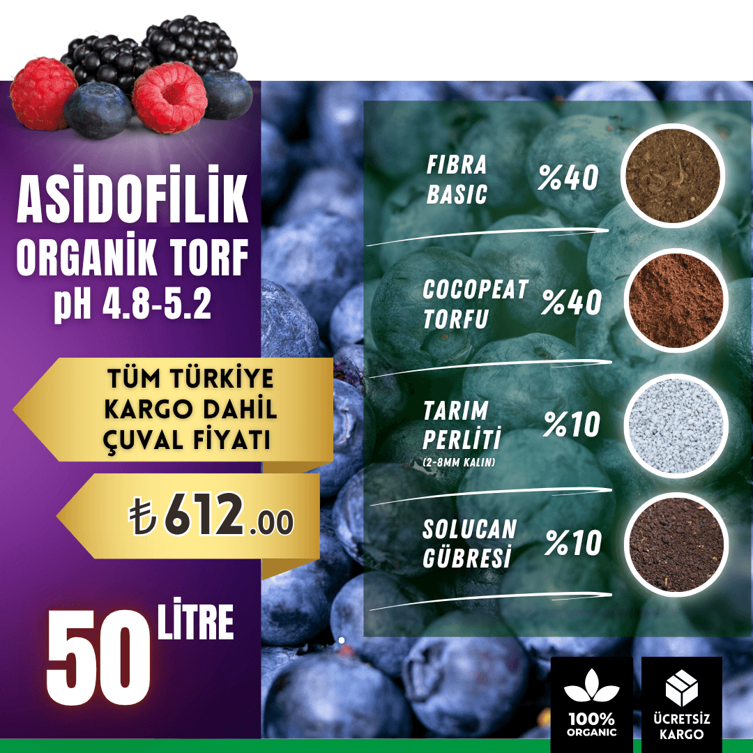 Asidofilik Organik Torf – Yaban Mersini, Ortanca, Böğürtlen Toprağı (50 Litre)