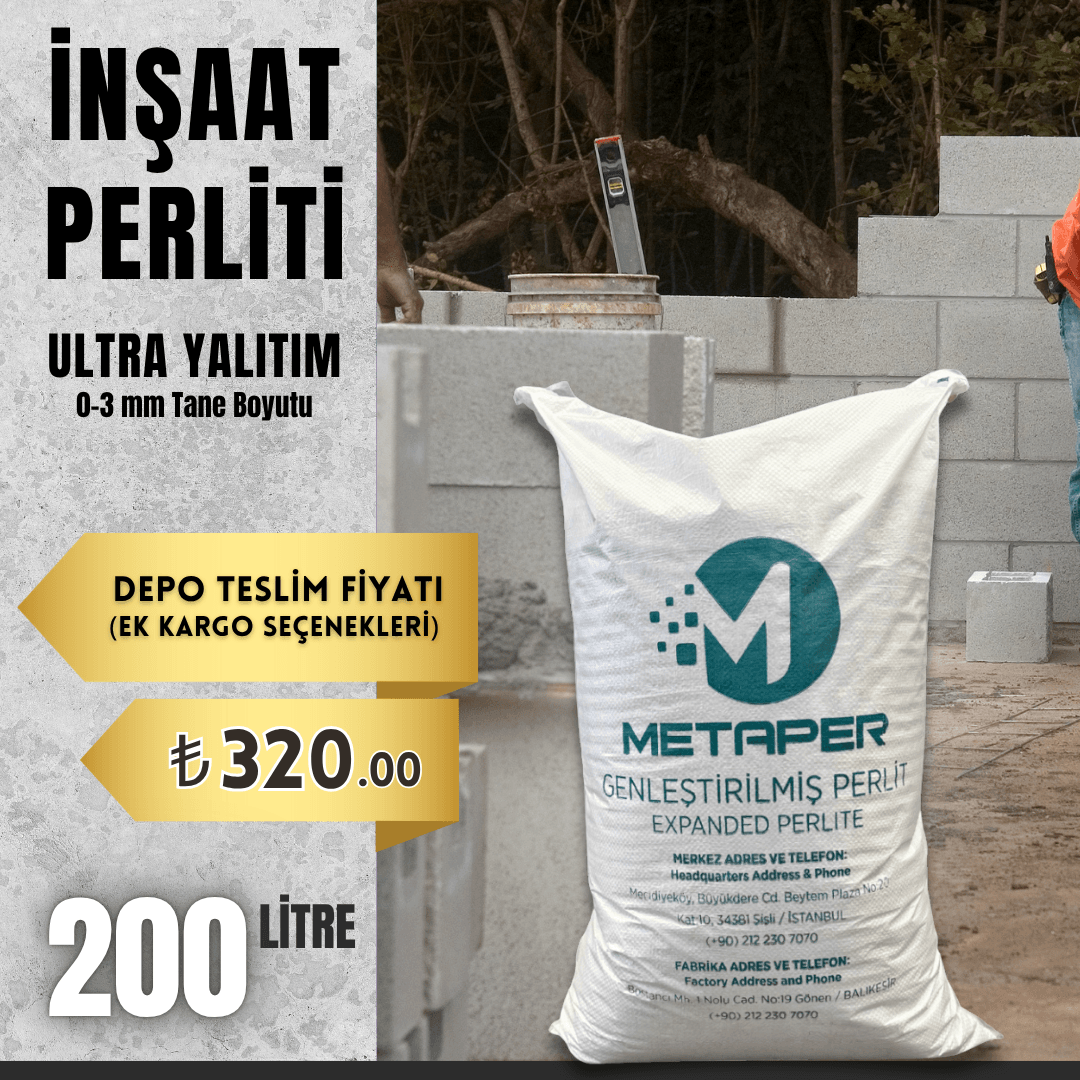 İnşaat Perliti Ultra Yalıtım – Hafif Beton, Isı ve Ses Yalıtımı İçin Profesyonel Çözüm (200L Çuval)
