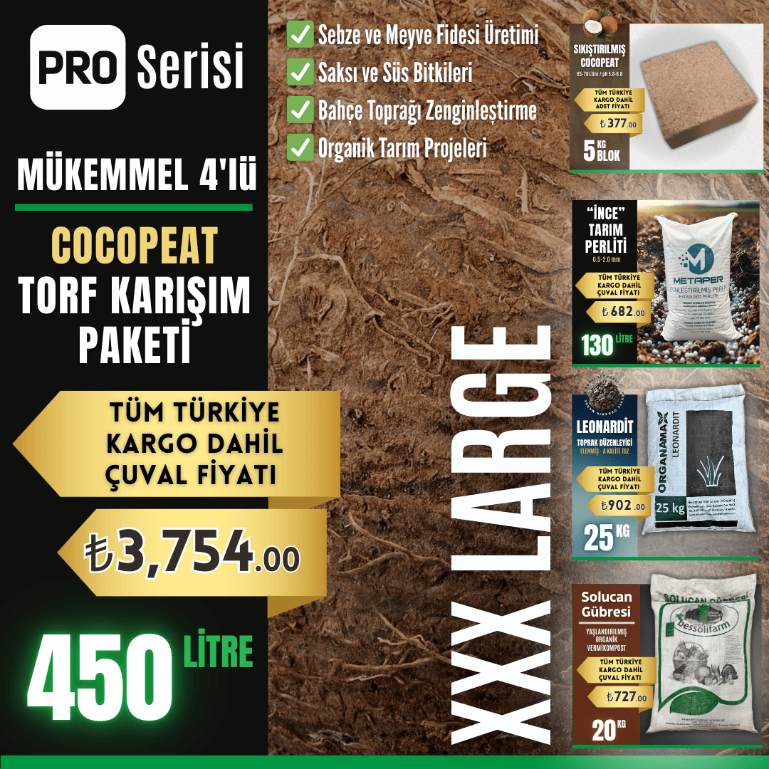 Mükemmel 4'lü Cocopeat Profesyonel Toprak Karışım Paketi (450 Litre)