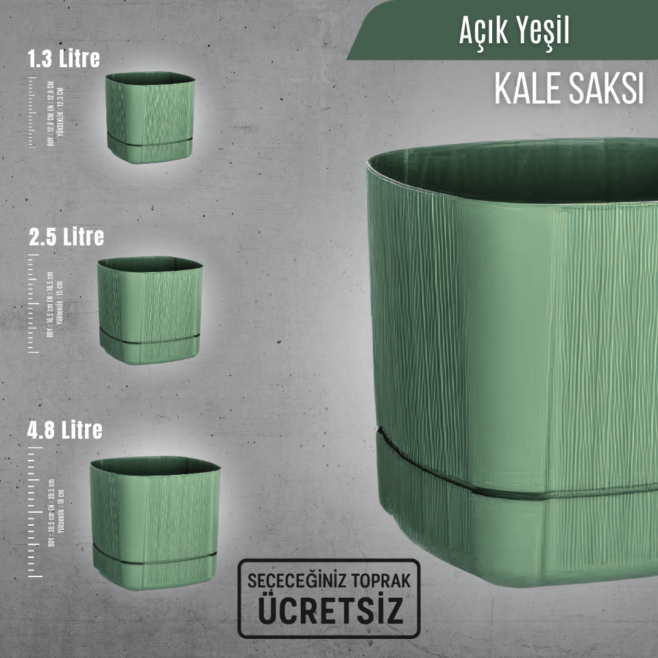Kale Tabaklı Bitki Saksısı | Seçilebilir Renk, Litre ve Bitki Türüne Özel Ücretsiz Toprak (1.3L/2.5L/4.8L) 