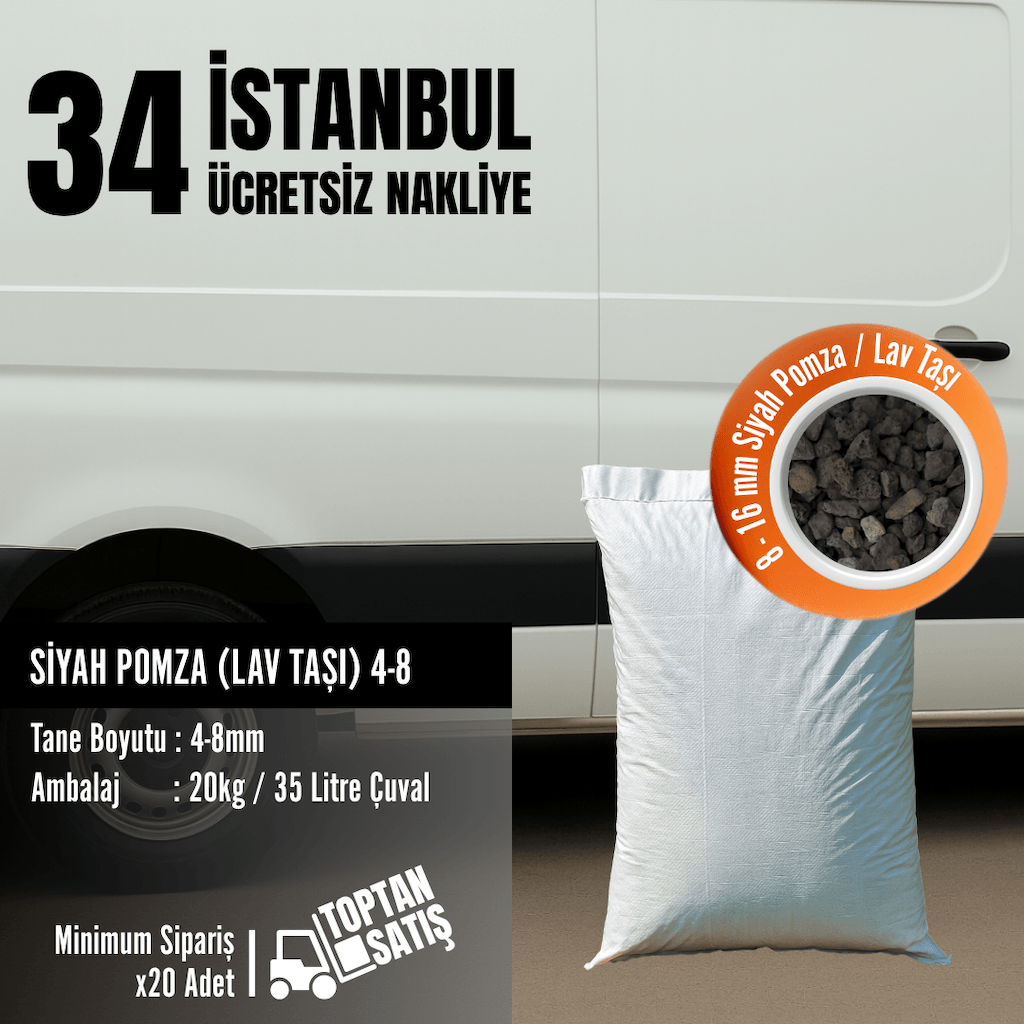 8–16 mm Siyah Pomza (Lav Taşı) | 35 Litre (20 kg) – İstanbul Nakliye Dahil