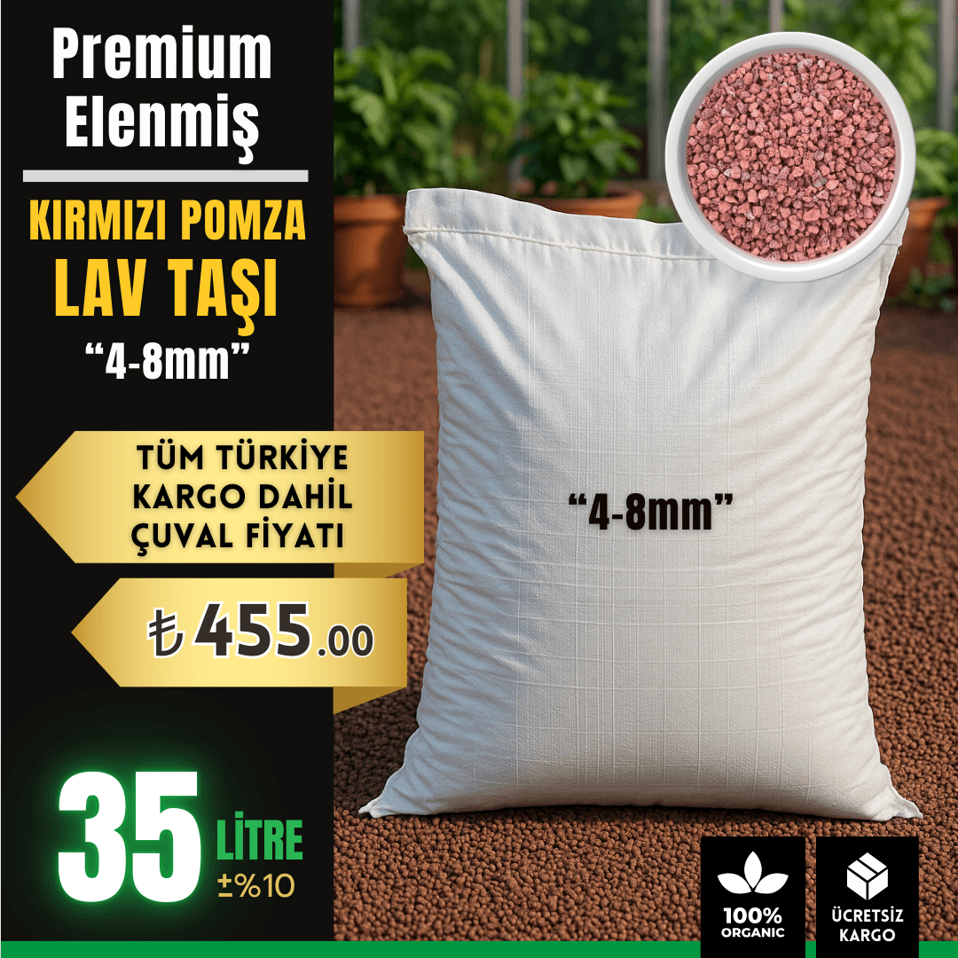 Premium Elenmiş Kırmızı Pomza Lav Taşı (4-8 mm) – 35 Litre