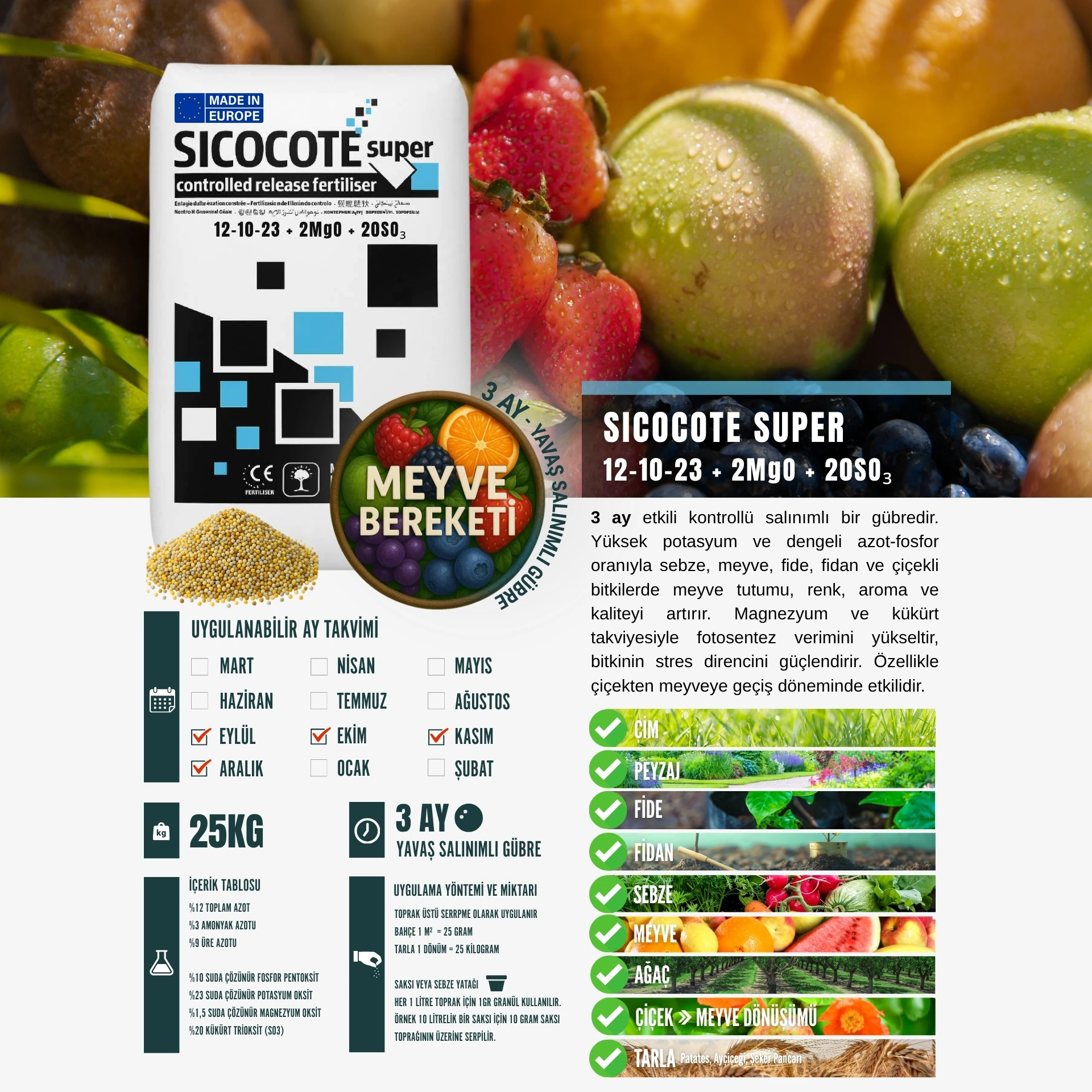 SICOCOTE NPK GÜBRE | 12-10-23 + 2MgO + 20SO₃ | 3 Ay Salınım | 25 KG