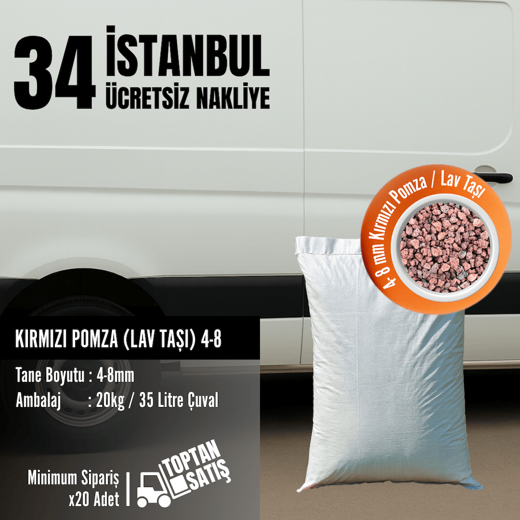 4–8 mm Kırmızı Pomza (Lav Taşı) | 35 Litre (20 kg) – İstanbul Nakliye Dahil