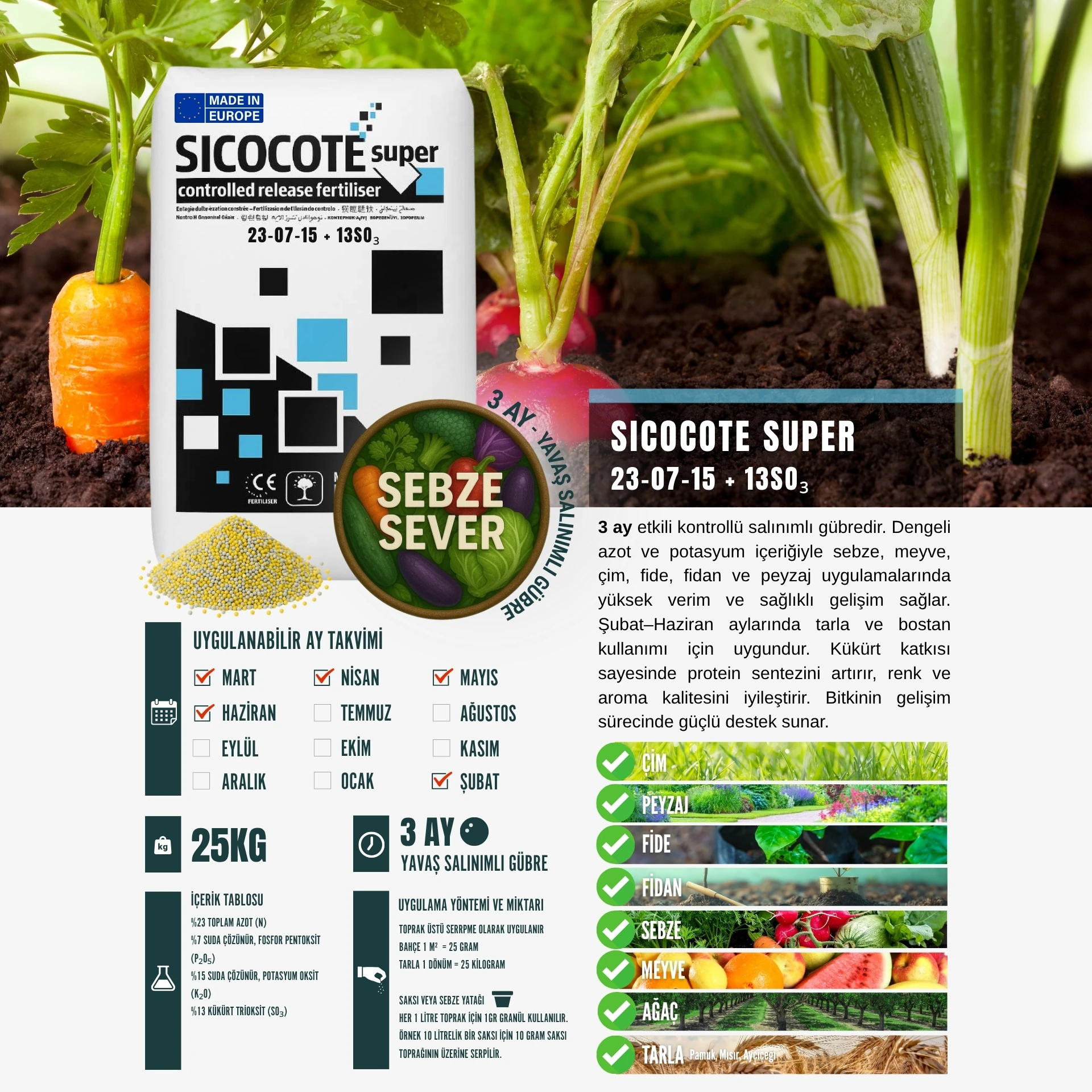 SICOCOTE NPK GÜBRE | 23-07-15 + 13SO₃ | 3 Ay Salınım | 25 KG