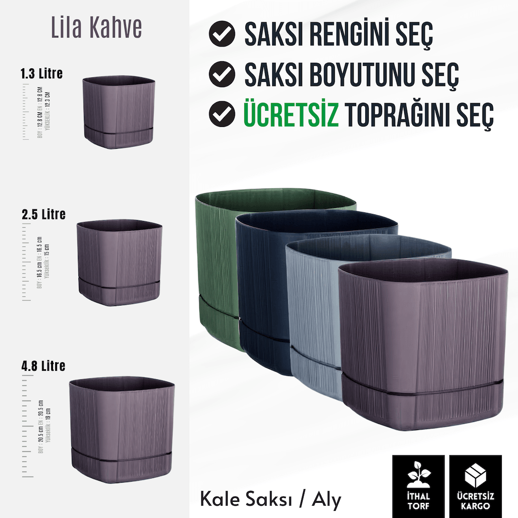 Kale Tabaklı Bitki Saksısı | Seçilebilir Renk, Litre ve Bitki Türüne Özel Ücretsiz Toprak (1.3L/2.5L/4.8L) 