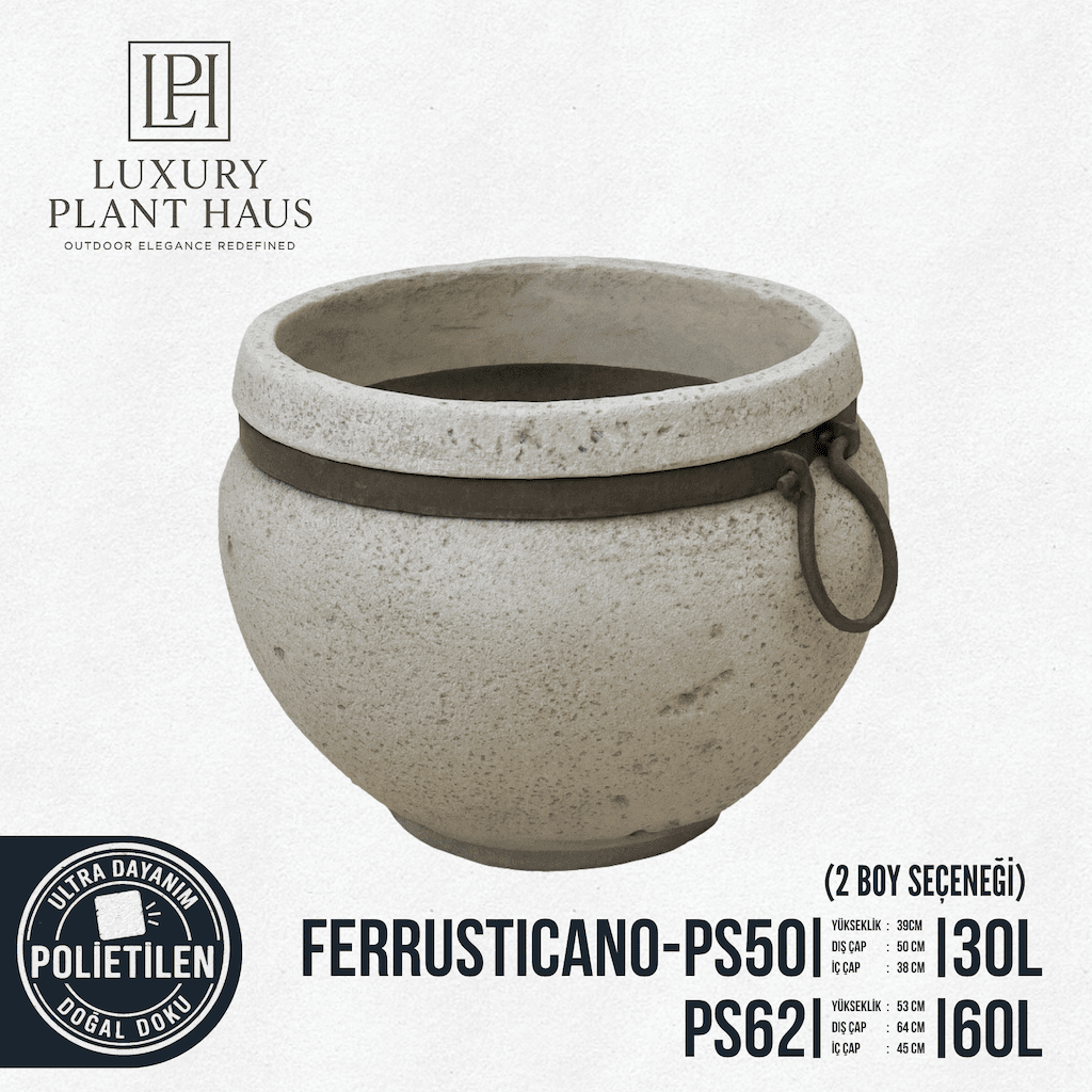 FERRUSTICANO PS50 - PS62 Doğal Taş Dokulu Rustik Saksı | 2 Boy Seçeneği (30L / 60L)