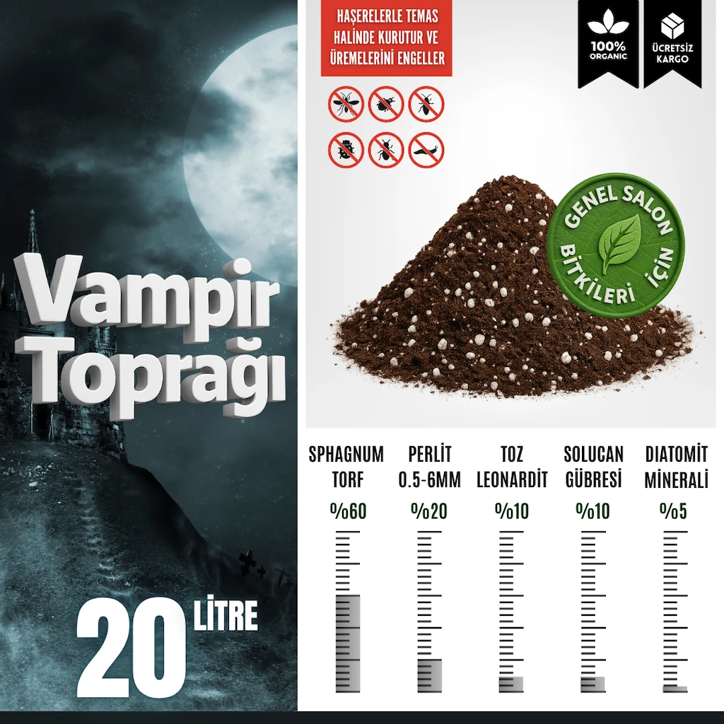 Diatomlu Vampir Toprağı – Haşere Önleyici Salon Bitkisi Toprağı (20 Litre)
