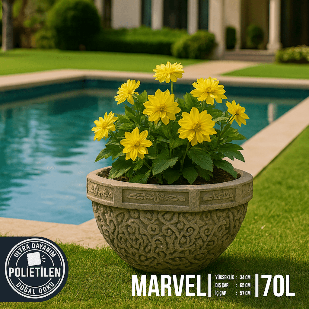 MARVEL Doğal Taş Dokulu Peyzaj Saksısı | Antik Desenli Villa ve Bahçe Saksısı (70 Litre)
