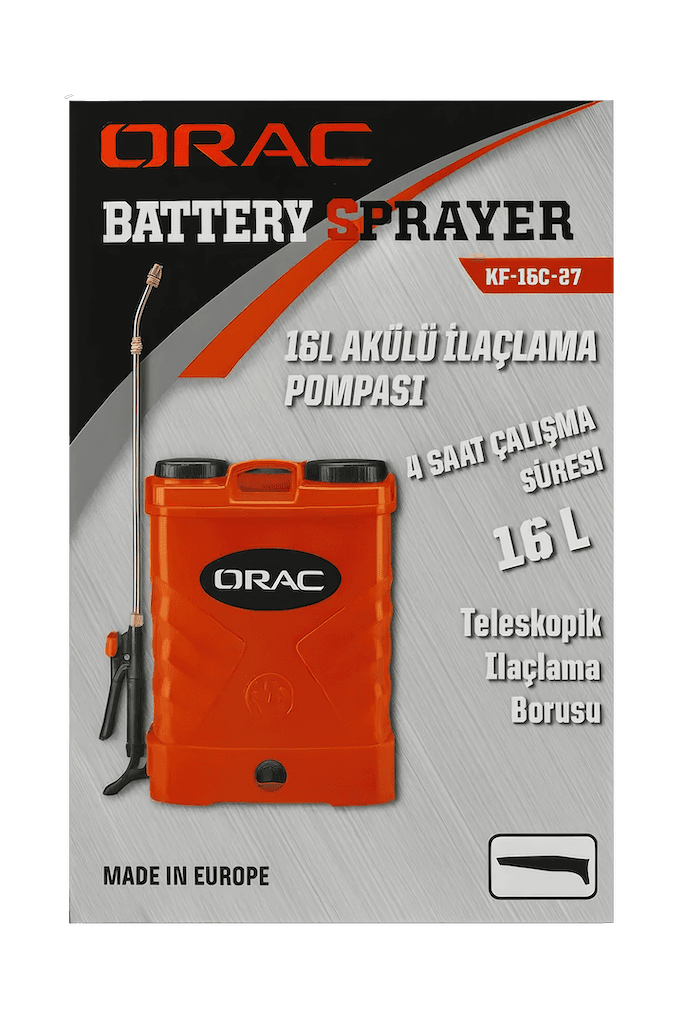 ORAC KF-16C-27 16L Akülü Sırt Tipi İlaçlama Pompası – 12V, 8Ah Batarya, 4 Bar Basınç