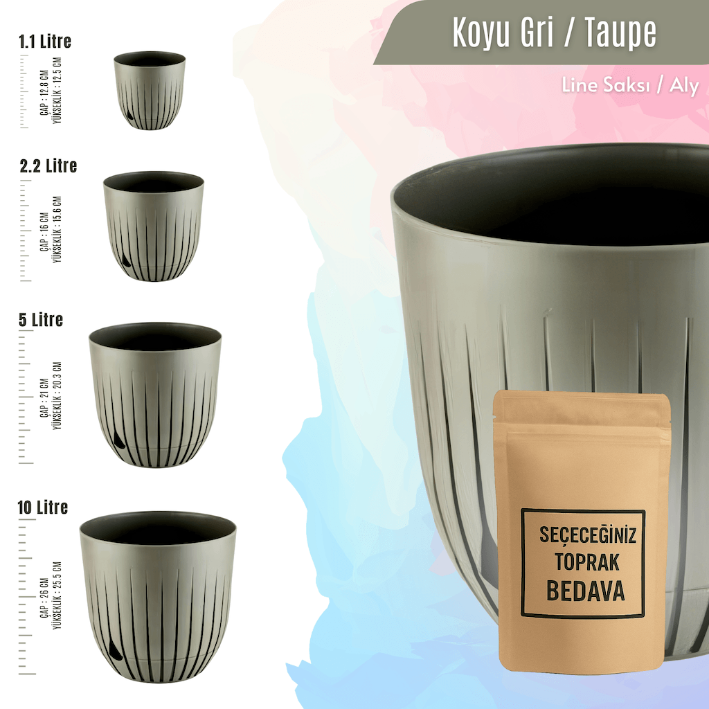 Line Tabaklı Bitki Saksısı | Seçilebilir Renk, Litre ve Bitki Türüne Özel Ücretsiz Toprak (1.1L/2.2L/5L/10L) 