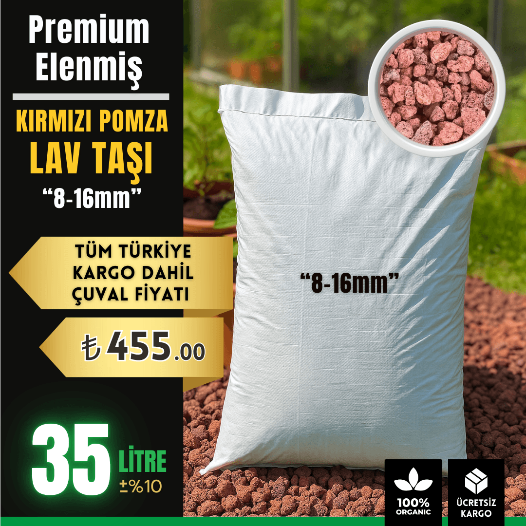 Premium Elenmiş Kırmızı Pomza Lav Taşı (8-16 mm) – 35 Litre