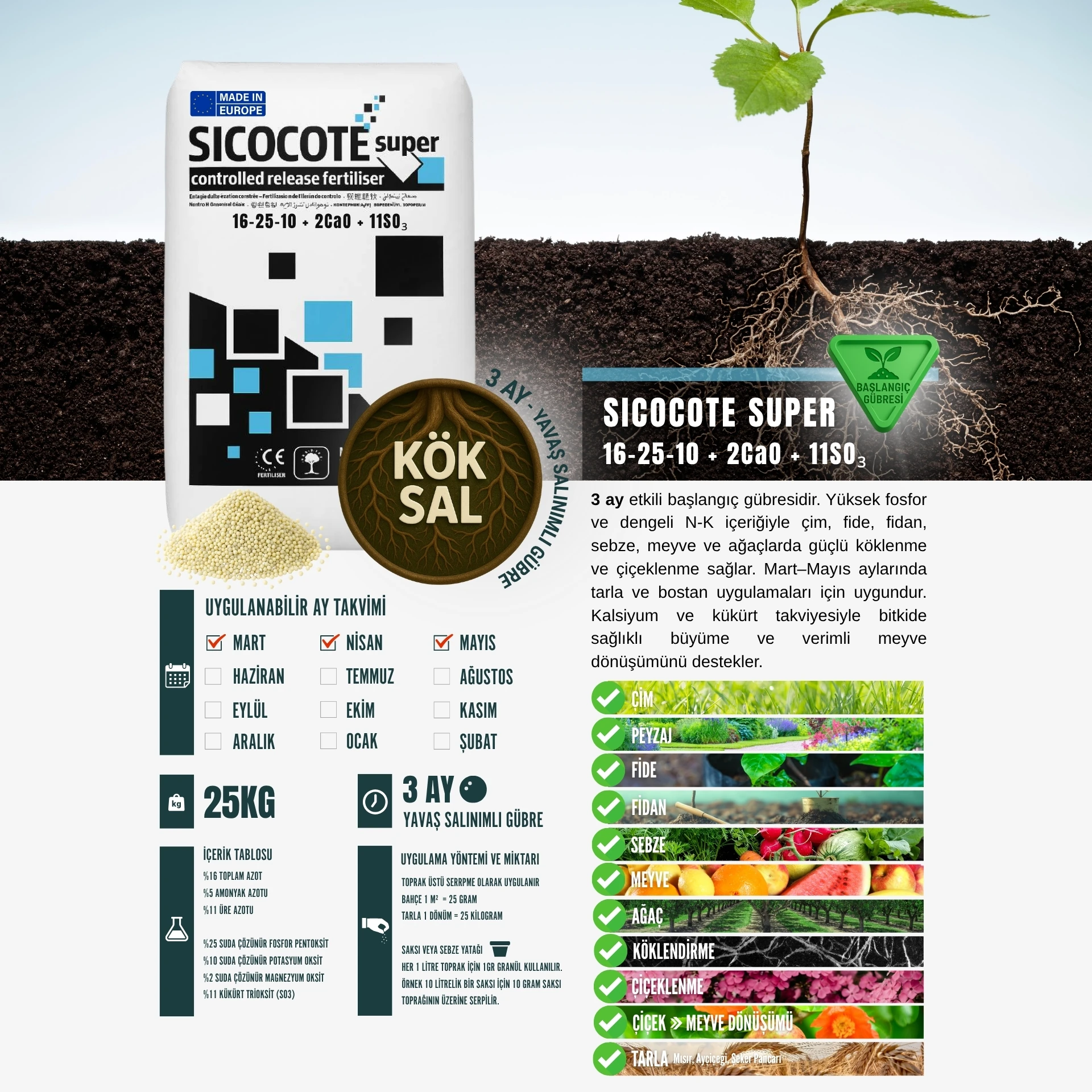 SICOCOTE NPK GÜBRE | 16-25-10 + 2CaO + 11SO₃| 3 Ay Salınım | 25 KG