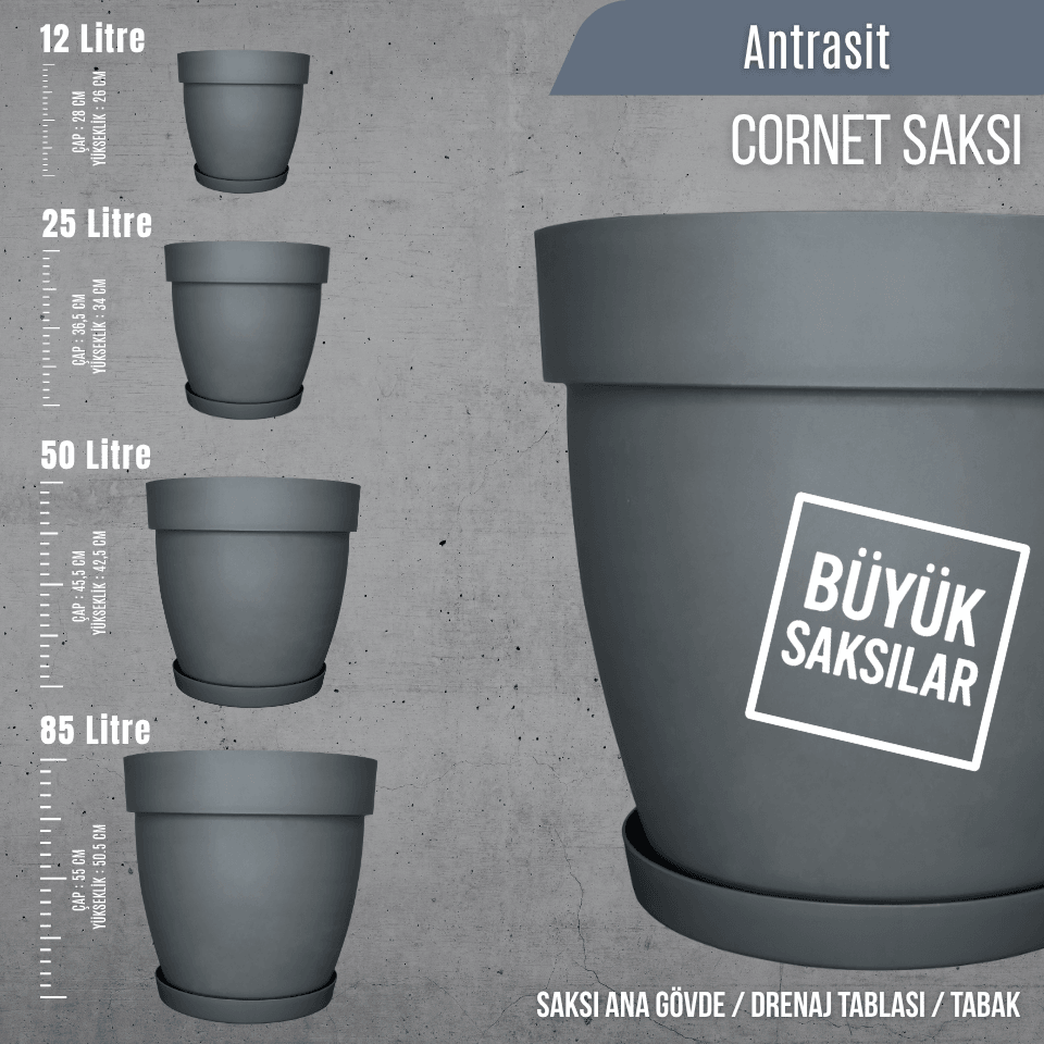 Cornet İç ve Dış Mekan Büyük Saksı Modelleri - 4 Renk 4 Boy (12L / 25L / 50L / 85L)