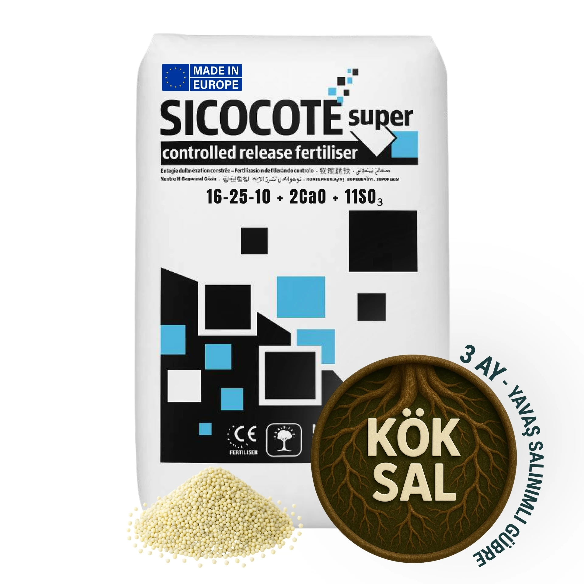 SICOCOTE NPK GÜBRE | 16-25-10 + 2CaO + 11SO₃| 3 Ay Salınım | 25 KG