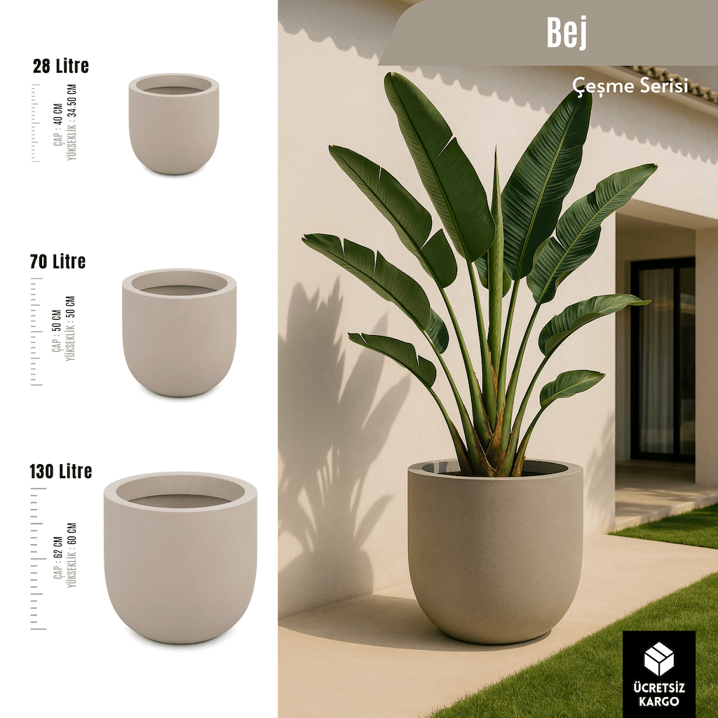 Çeşme Serisi Dış Mekan Dekoratif Saksı | Renk ve Büyük Boy Litre Seçenekleri (28L / 70L / 130L)