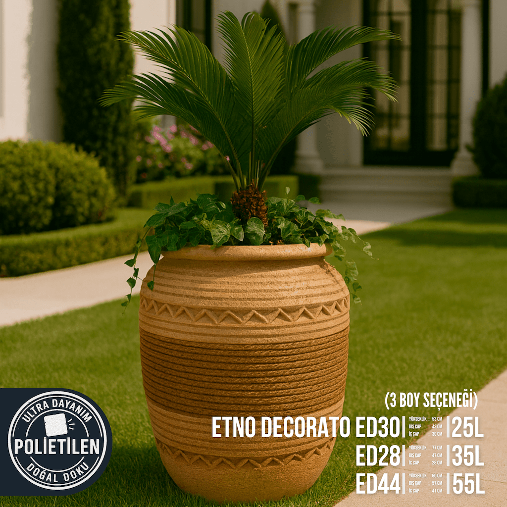 ETNO DECORATO Halat Dokulu Orta Kuşaklı Rustik Saksı (3 Boy Seçeneği: 25L / 35L / 55L)