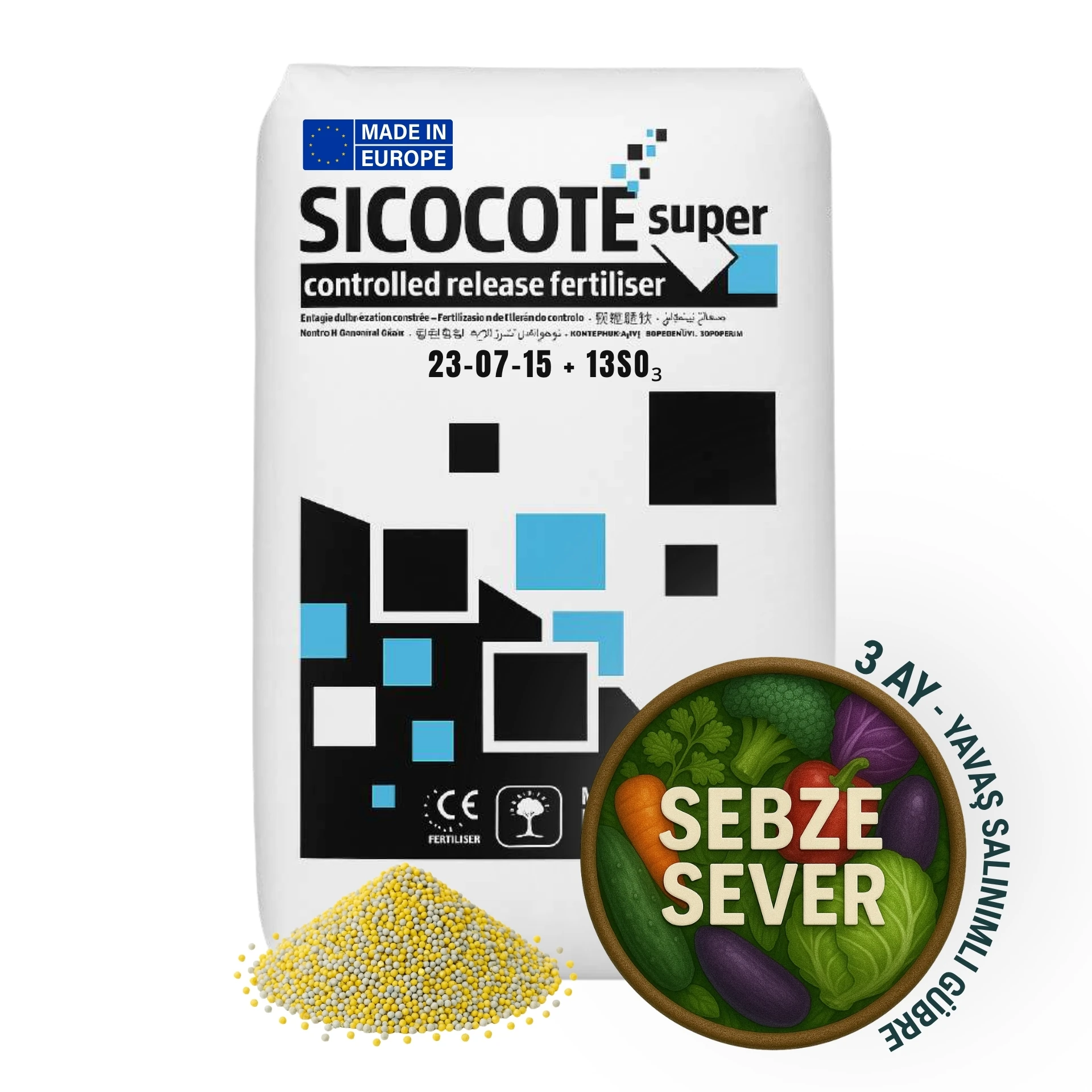 SICOCOTE NPK GÜBRE | 23-07-15 + 13SO₃ | 3 Ay Salınım | 25 KG