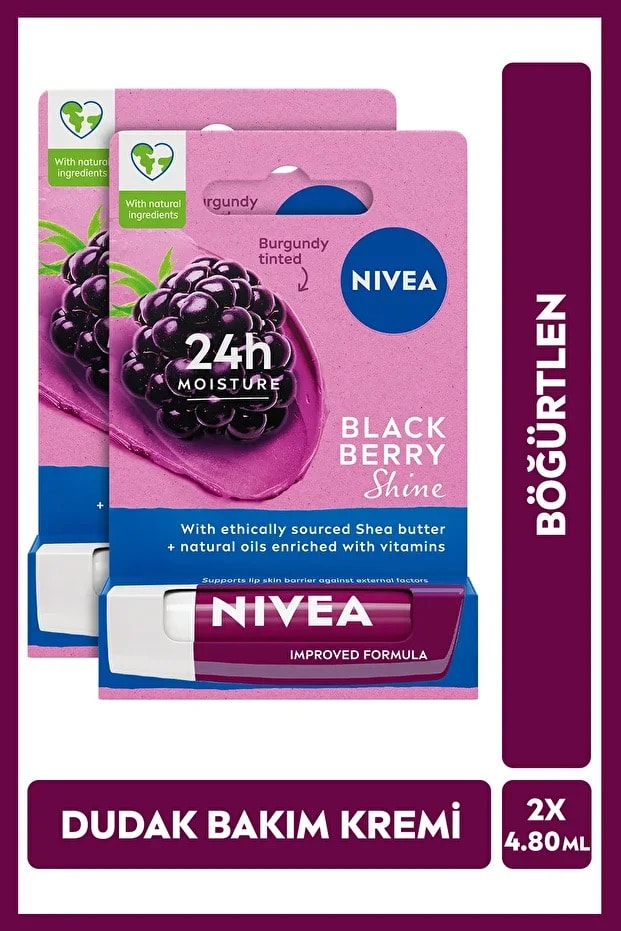 NIVEA Böğürtlen Dudak Bakım Kremi Ve Parlatıcı 4.8gr, Nemlendirici, Hafif Bordo Işıltı, X2 Adet