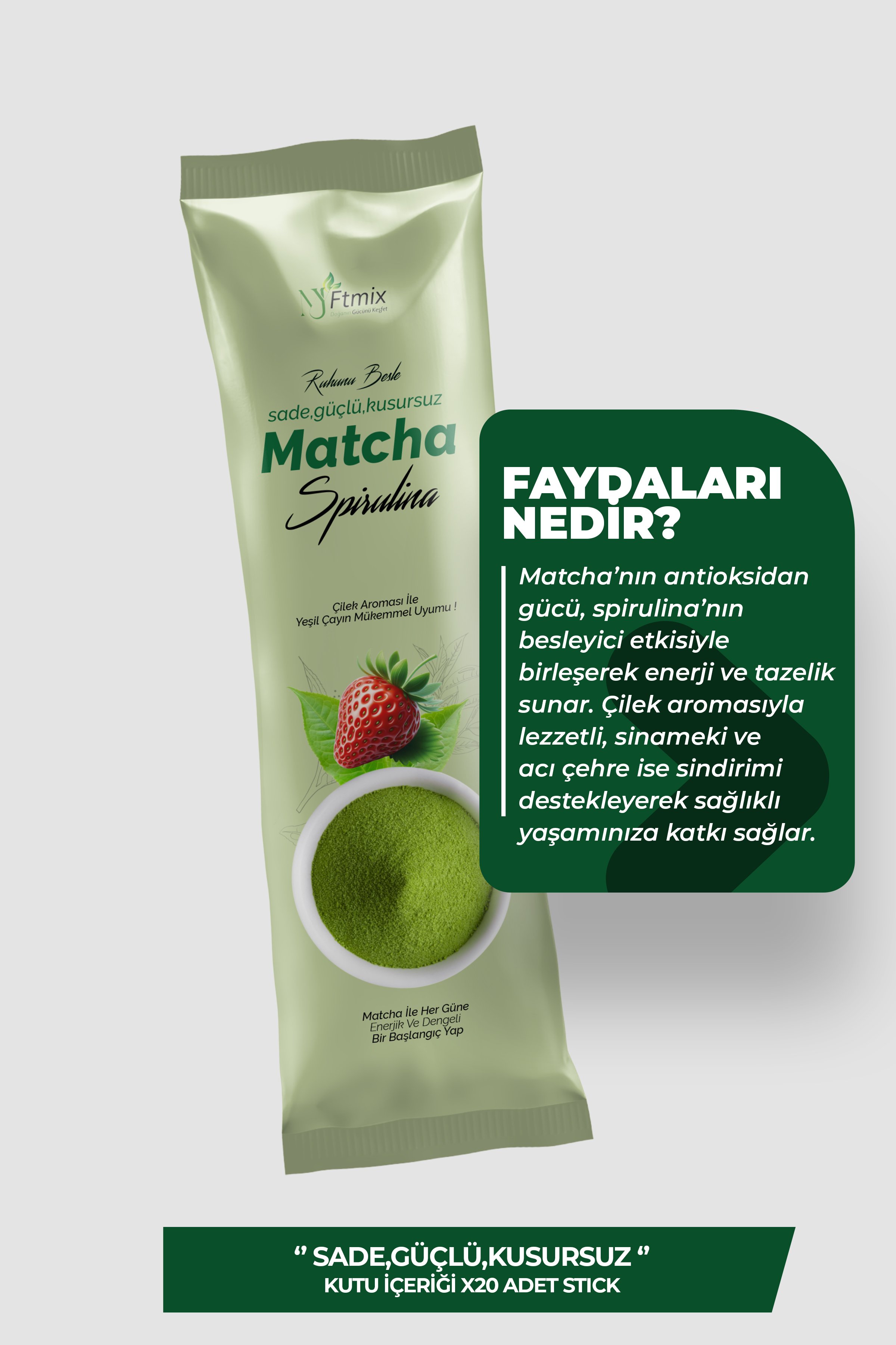 Matcha Spirulina İle Desteklenen Çilek Aromalı 20’li Stick