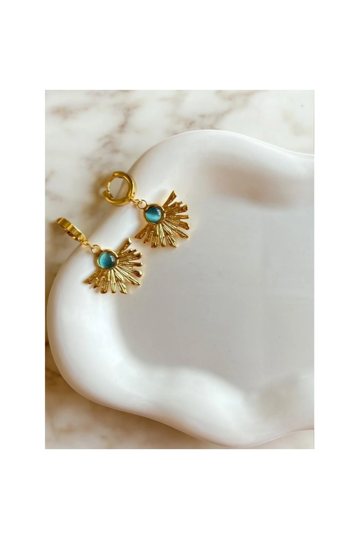 Mavi Opal Taşlı Güneşin Doğuşu Charm Çelik Küpe