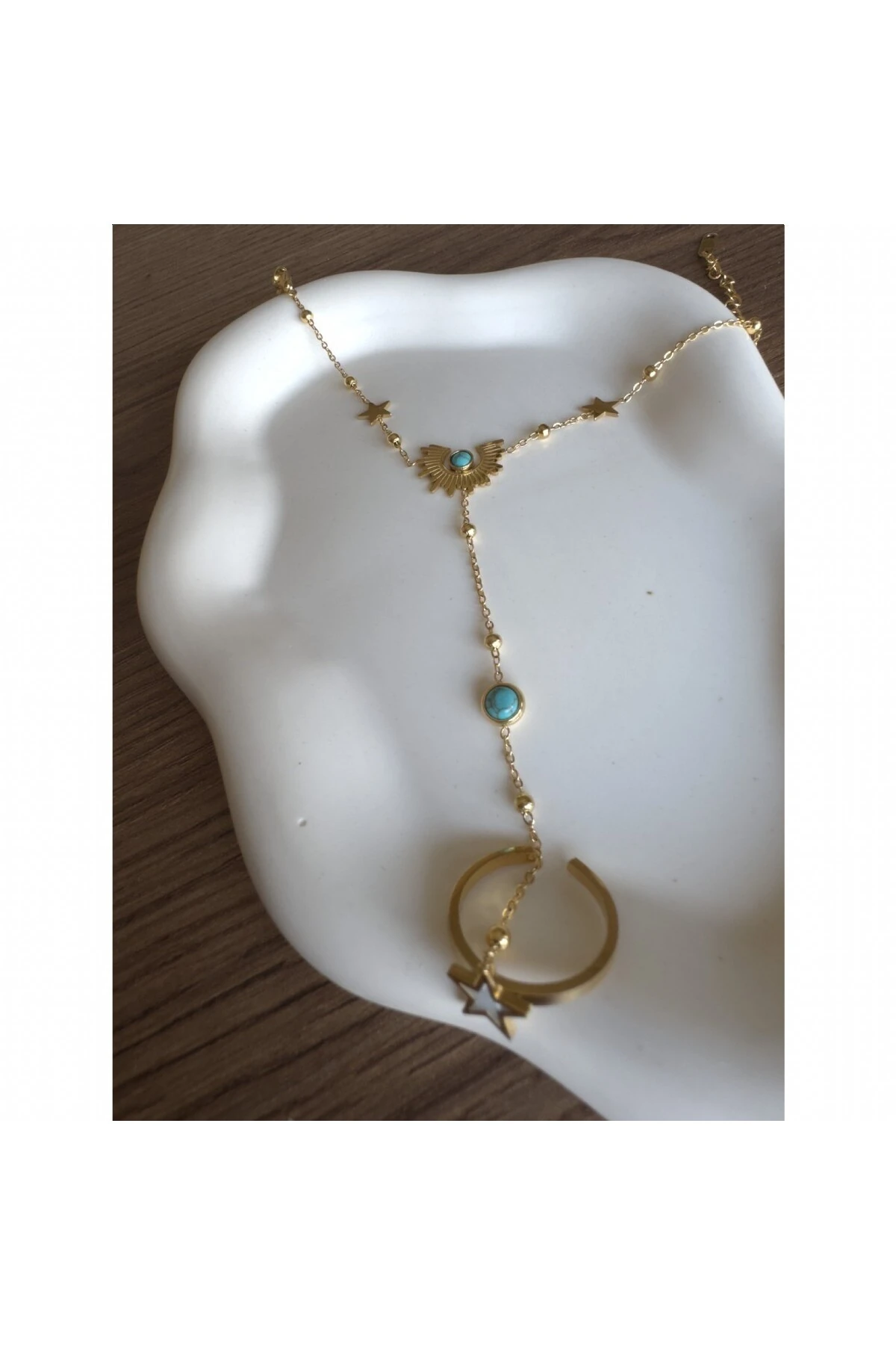 Güneş ve Yıldız Motifli Firuze Taşlı Şahmaran Çelik Bileklik