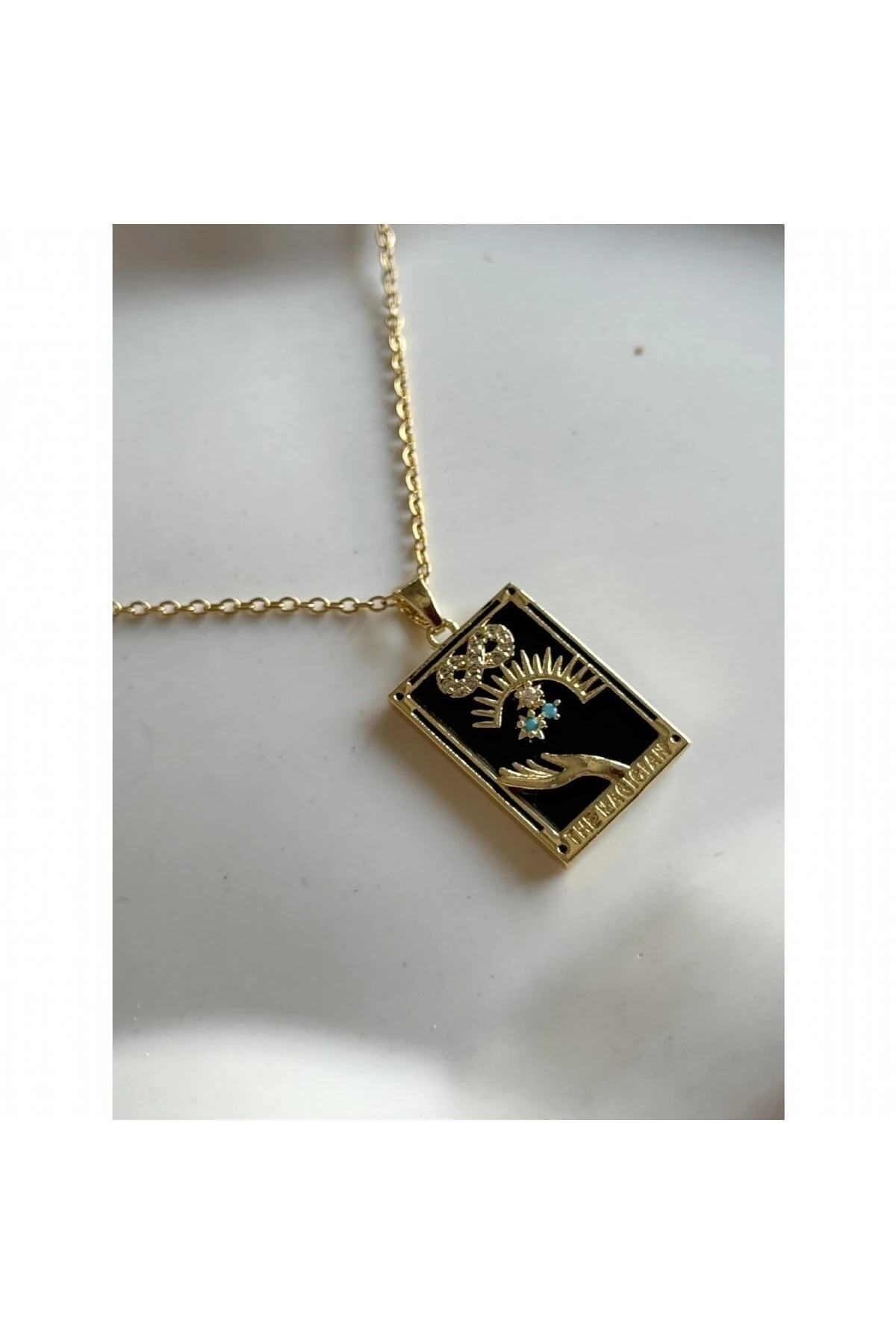 Tarot Model Zirkon ve Kristal Taşlı Şifa ve Sonsuzluk Çelik Kolye (The Magician)