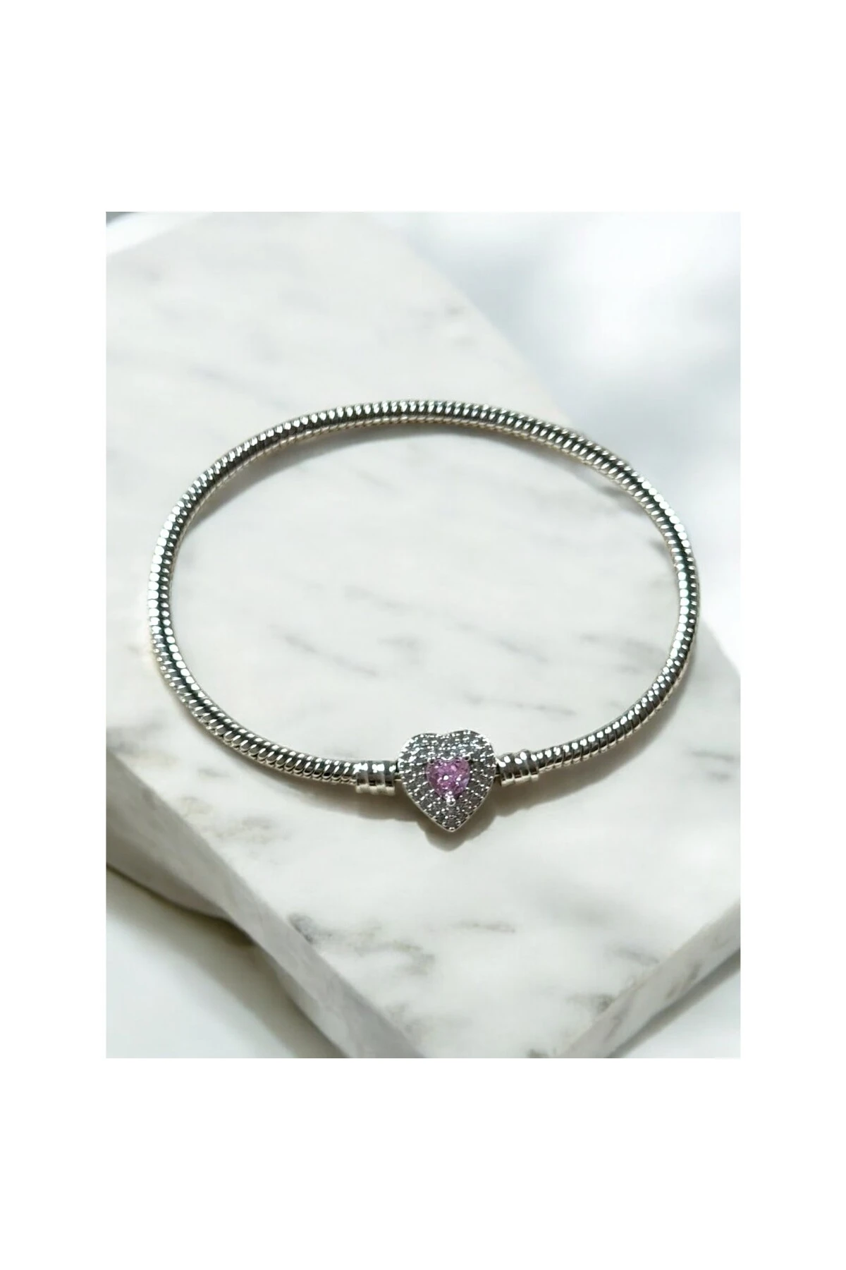 Pembe Kalp Kristal ve Zirkon Taşlı Gümüş Bileklik