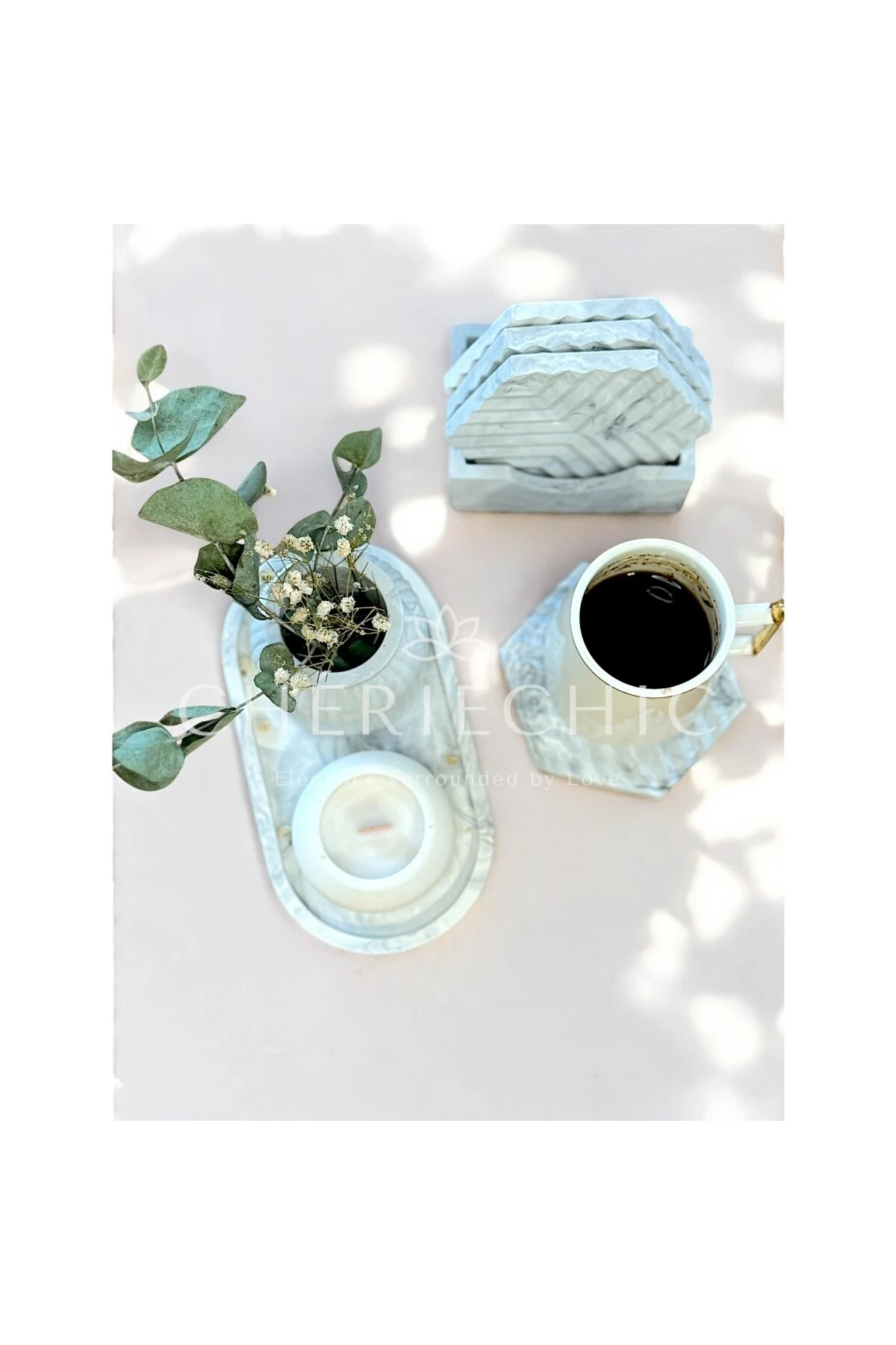 Altıgen Bohem Bardak Altlığı Set | Mermer (Gri)