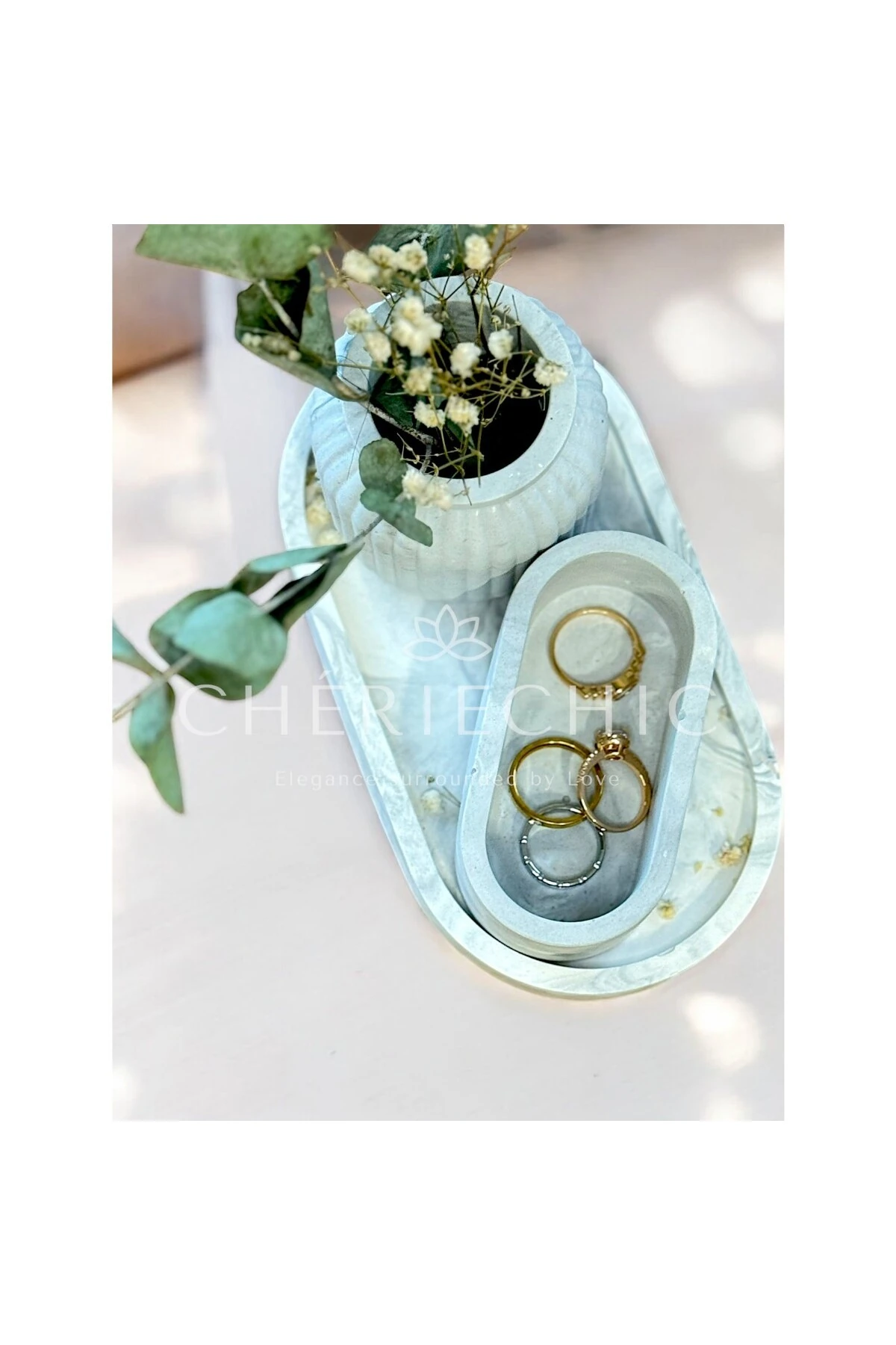 Oval Uzun Takı Sunum Tepsisi Dekor Obje | Mermer (Gri)