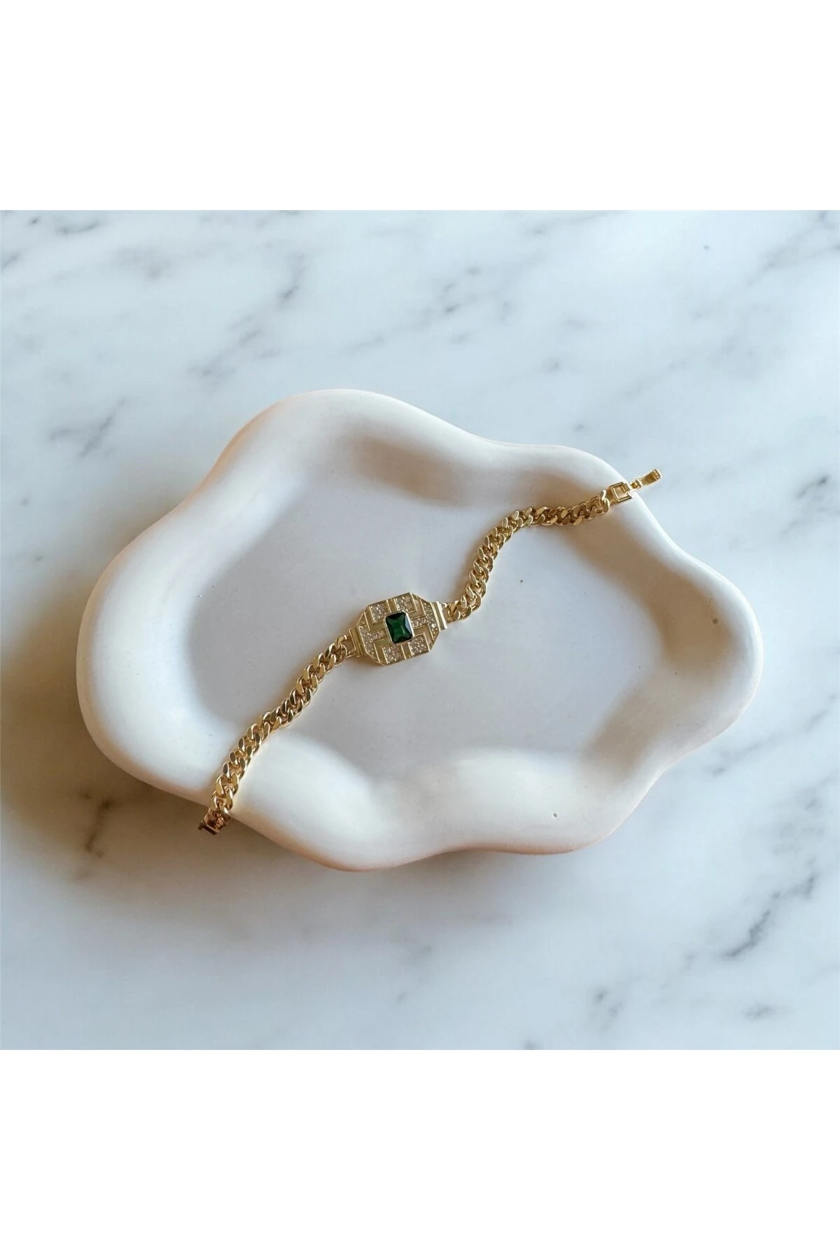 Zümrüt Tek Taşlı Kalın Zincir Bileklik