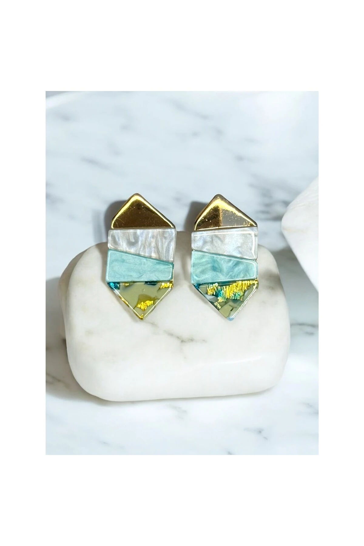 Sedef Üçlü Geometrik Küpe (Turkuaz)