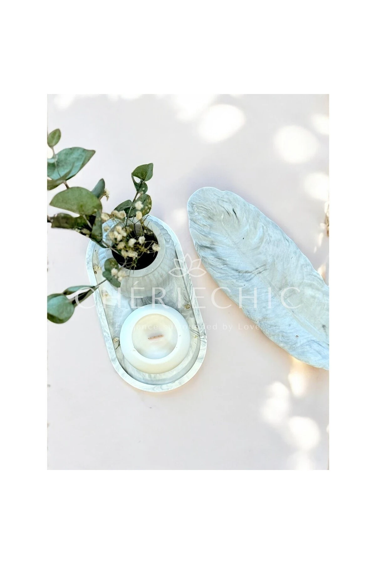 Uzun Kuş Tüyü Dekoratif Obje | Sunum Tabak | Mermer (Gri)