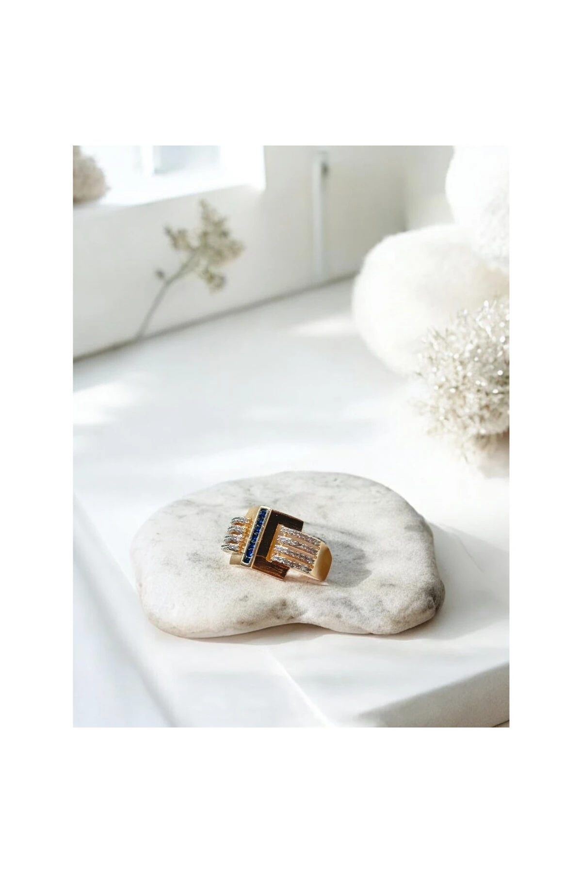 Safir Kristal ve Zirkon Taşlı Geometrik Yüzük