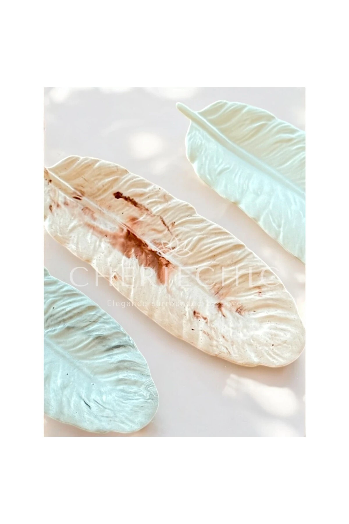 Uzun Kuş Tüyü Dekoratif Obje | Sunum Tabak | Mermer (Soft Kahve)