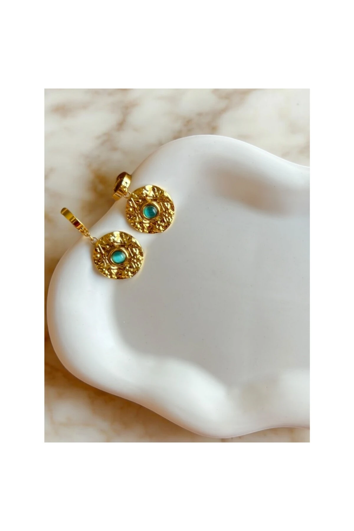 Mavi Opal Taşlı Pul Charm Çelik Küpe