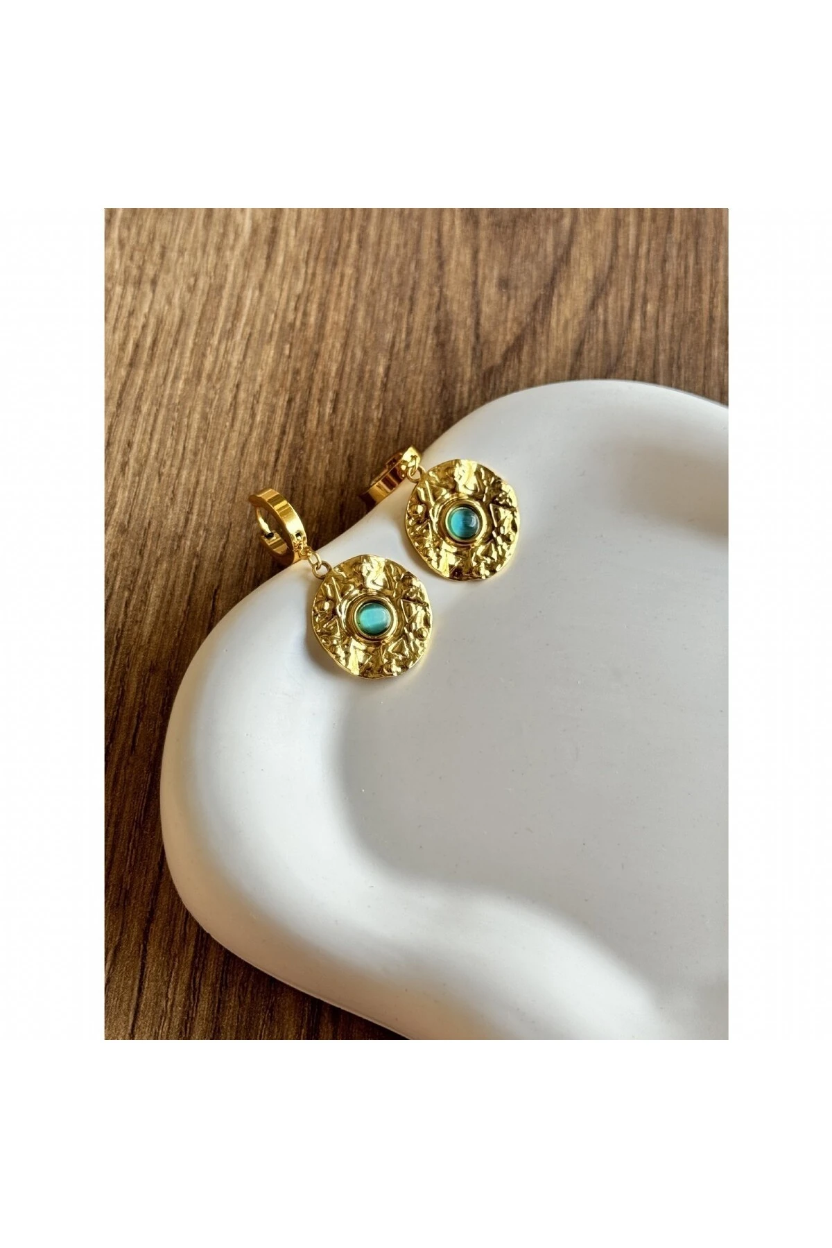 Mavi Opal Taşlı Pul Charm Çelik Küpe