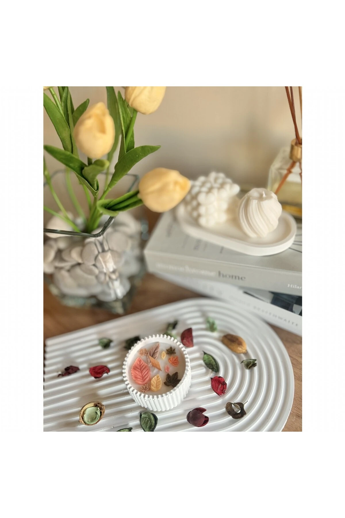 Yuvarlak Beton Sonbahar Yaprakları Dekor Mum | Sonbahar Koleksiyonu | Model 2