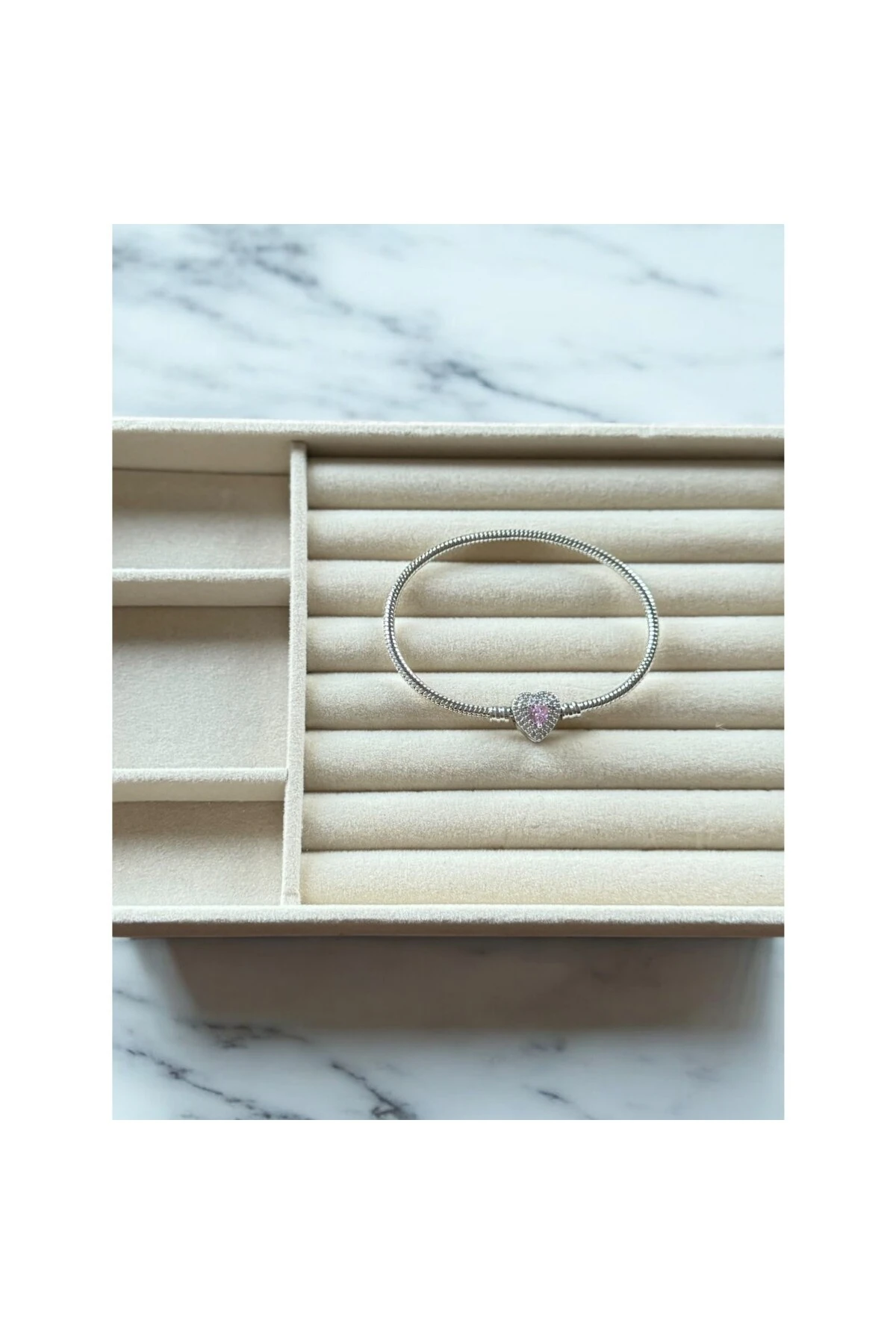 Pembe Kalp Kristal ve Zirkon Taşlı Gümüş Bileklik