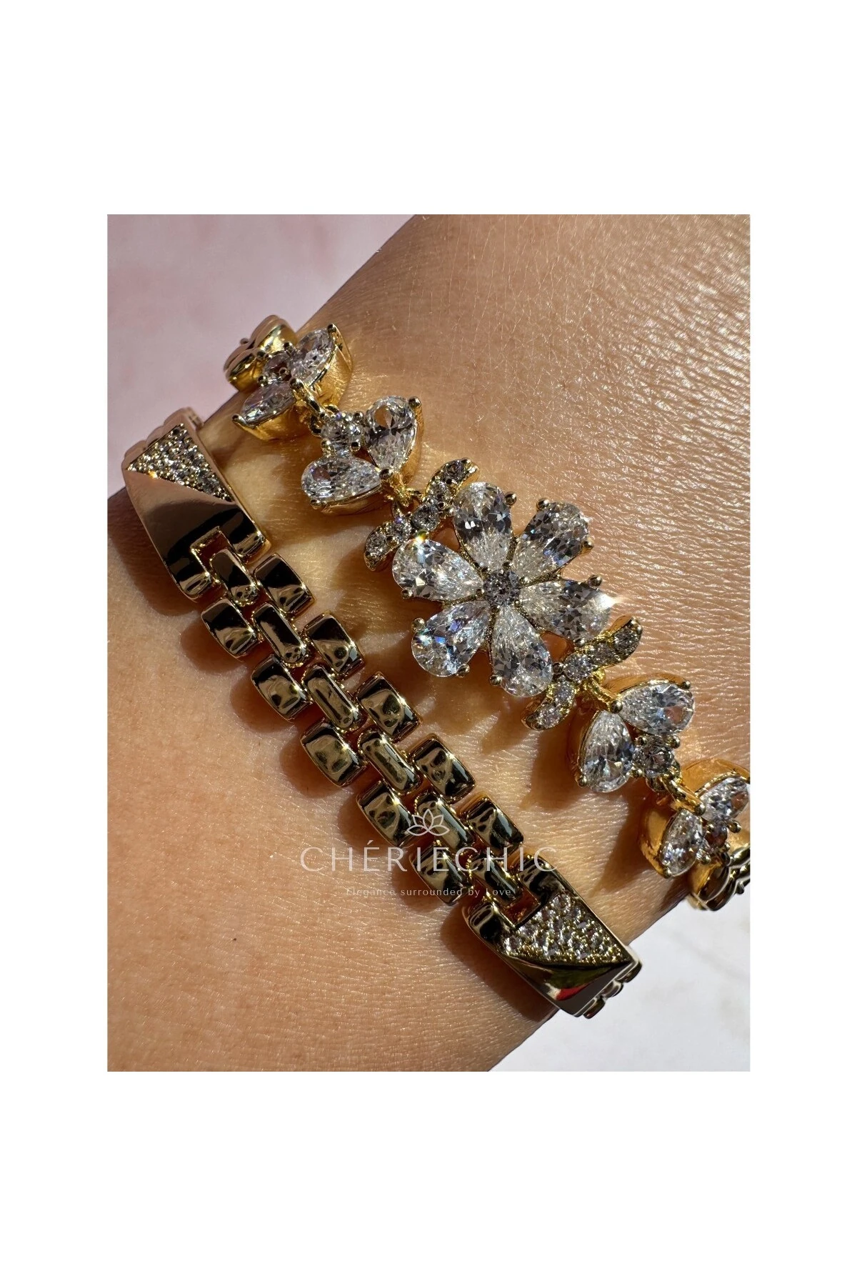 Lotus, Çiçek, Damla ve Kalp Detaylı Kristal Zirkon Taşlı Bileklik