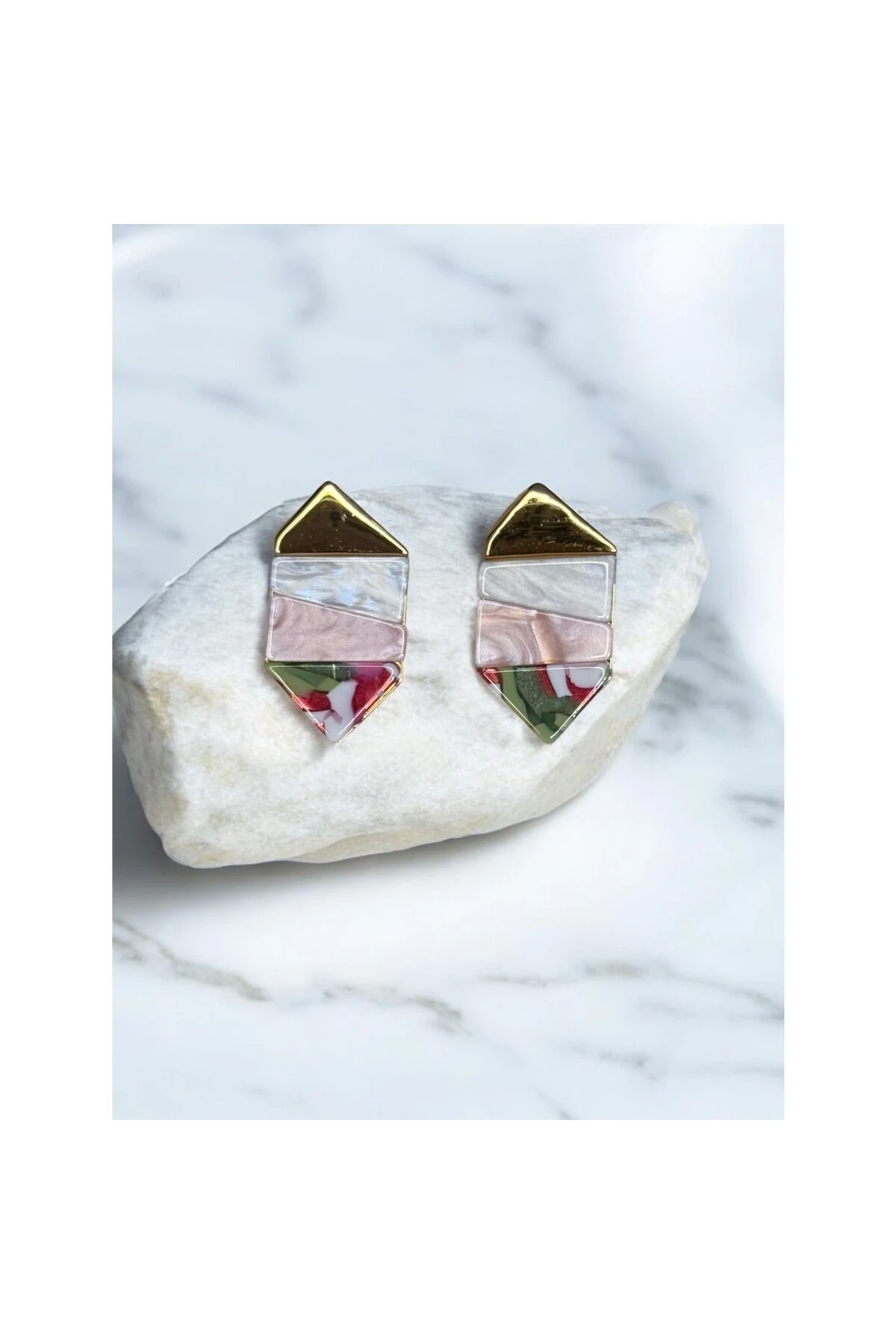 Sedef Üçlü Geometrik Küpe (pembe)