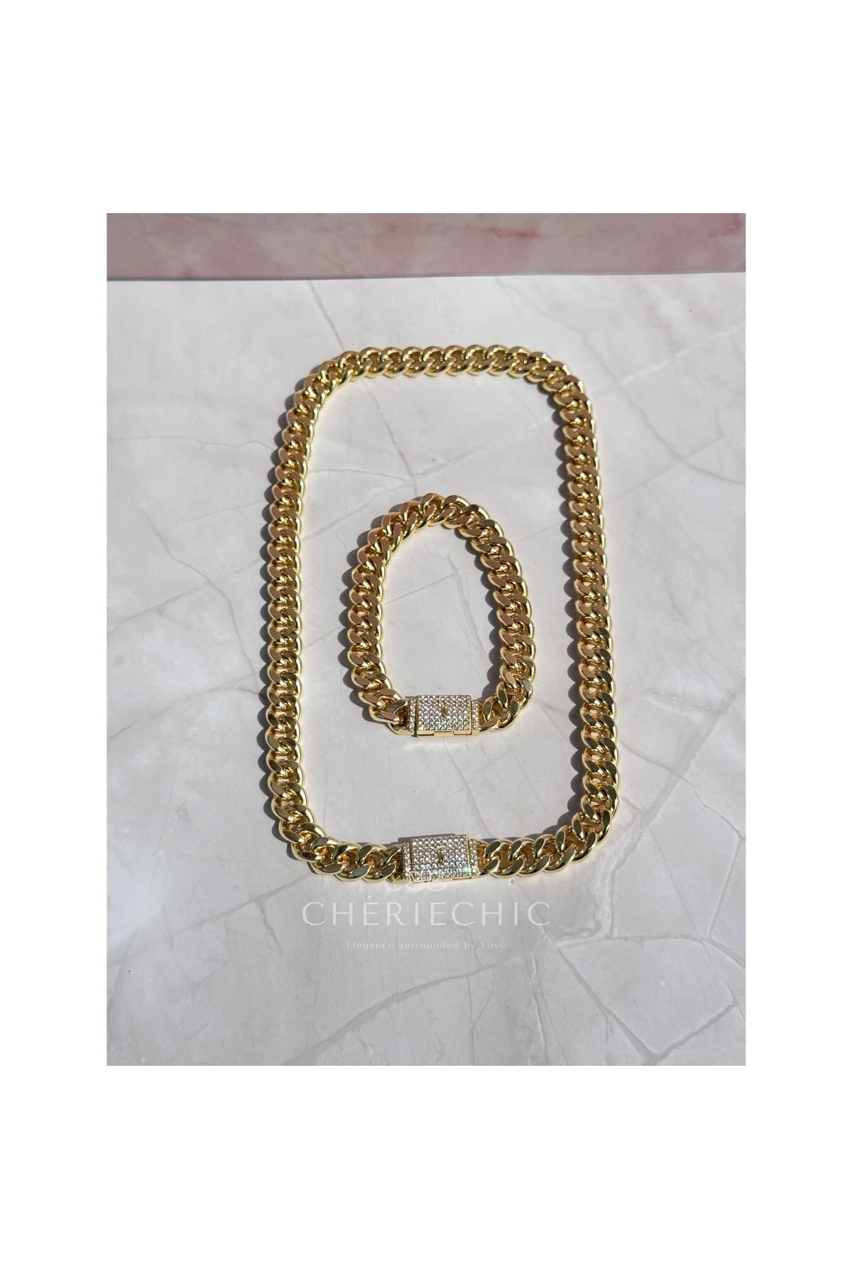 Swarowski Full Zirkon Taş Kemerli Kalın Zincir Bileklik & Kolye Set