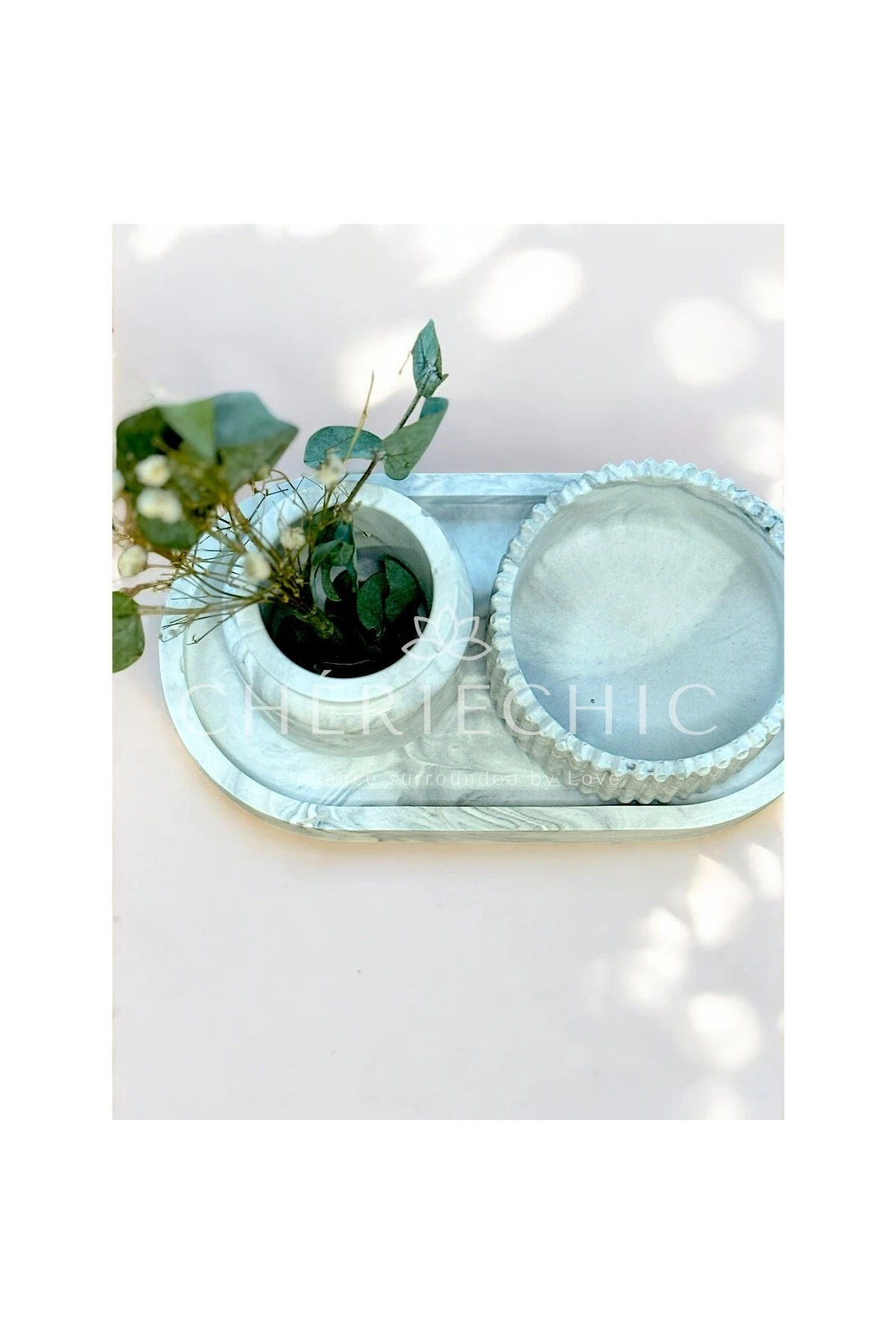 Çizgili Bohem Dekor Obje | Takı Sunum Tabak | Mermer (Gri)